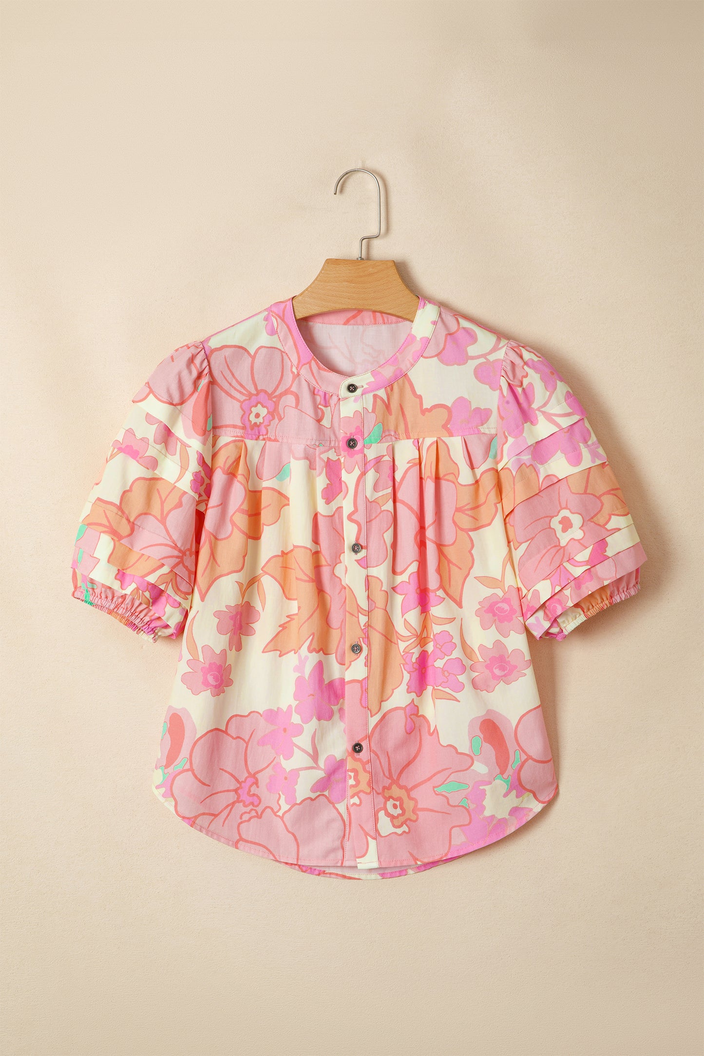 Pink Floral Print Button Down Pintuck Short Sleeve Shirt