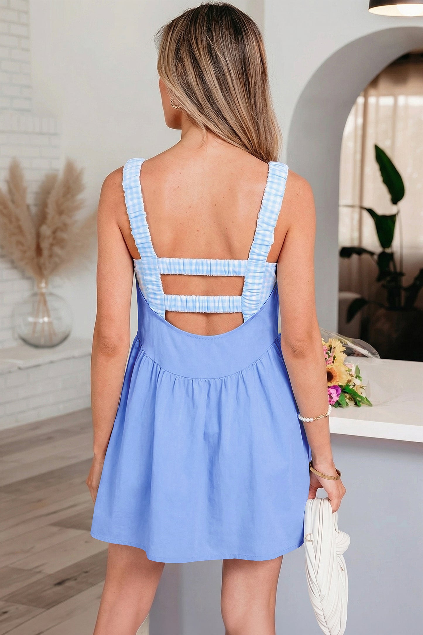 Yellow Cream Faux Two Piece Gingham Contrast Patchwork Loose Mini Dress
