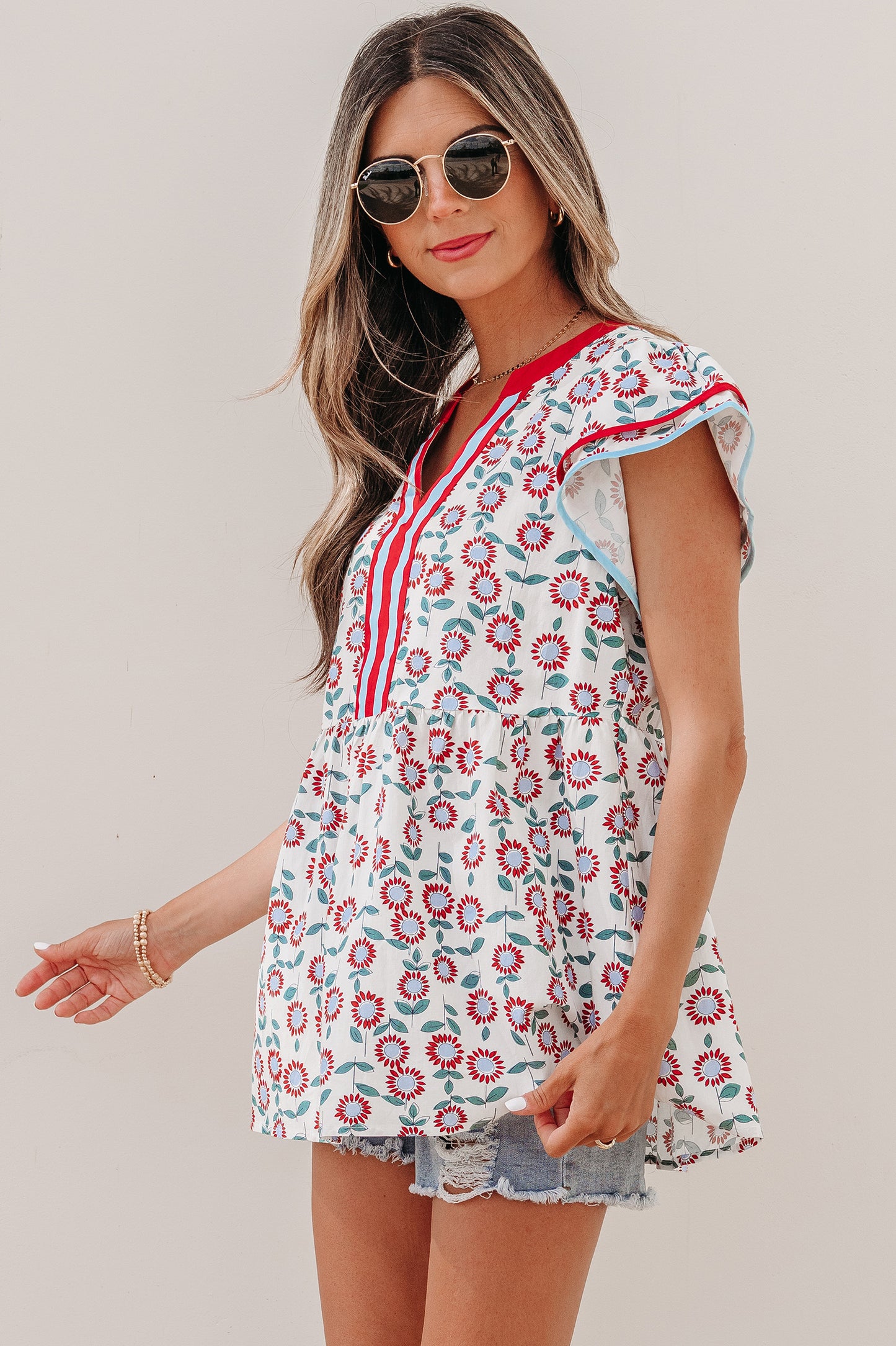 Green Sunflower Printed Contrast Trim V Neck Flutter Sleeve Blouse