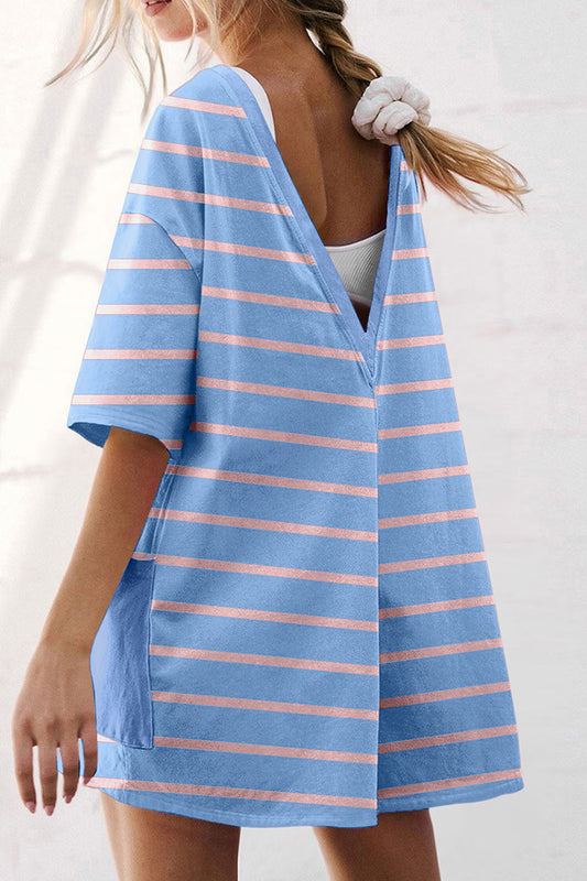 Sky Blue Stripe V Neck Short Sleeve Double Wear Loose Romper