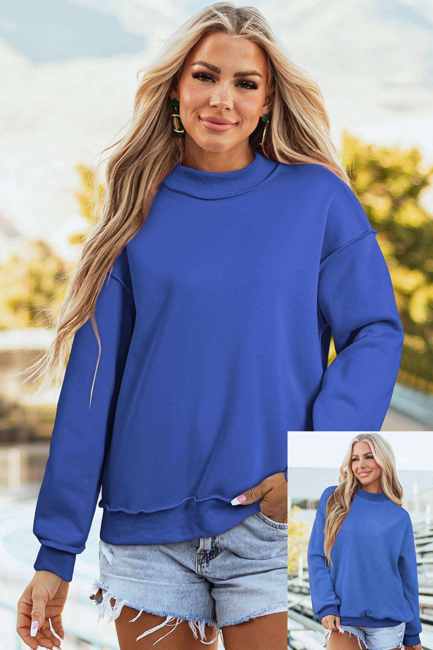 Light Pink Oversize Drop Shoulder Reversible Mock Neck Sweatshirt