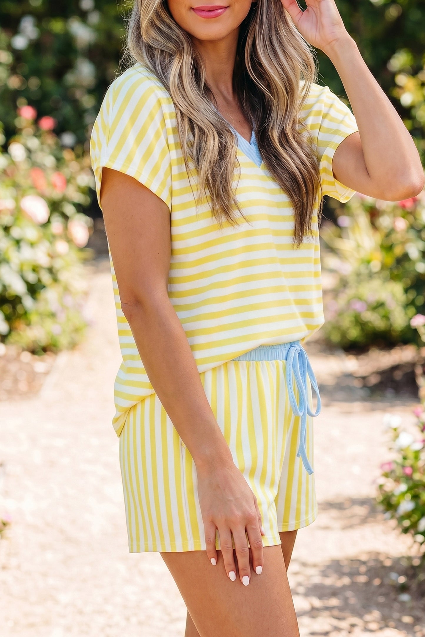 Green Stripe Colorblock Trim V Neck Tee Drawstring Elastic Waist Short Set