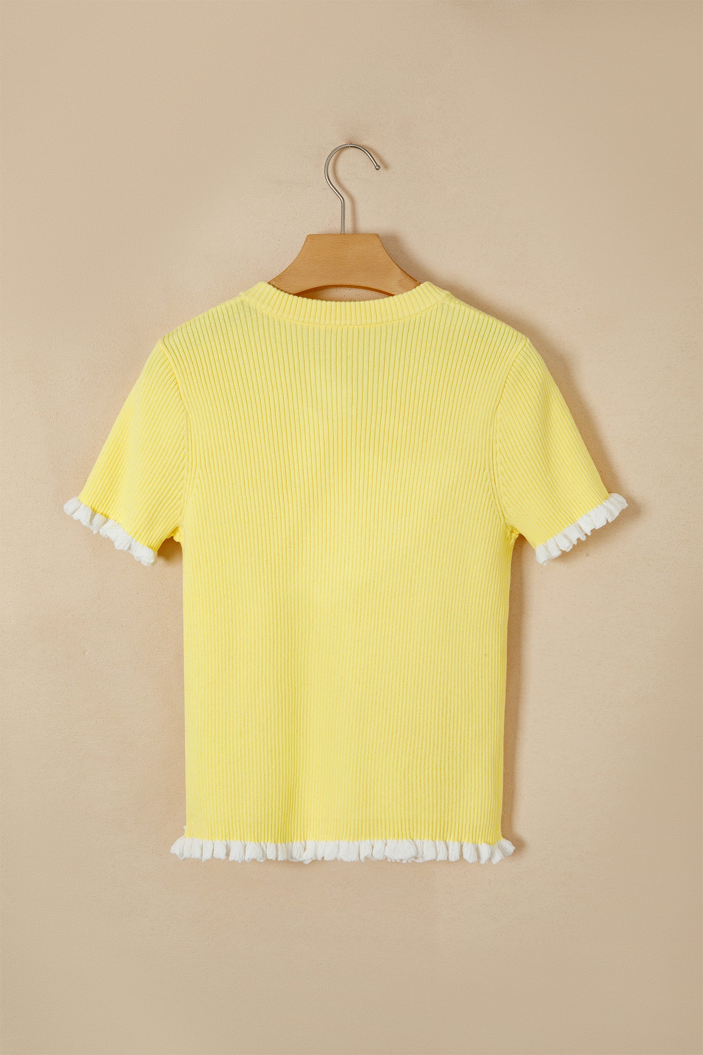 Yellow Cream Ribbed Knit Contrast Frilled Short Sleeve Sweater Cardigan