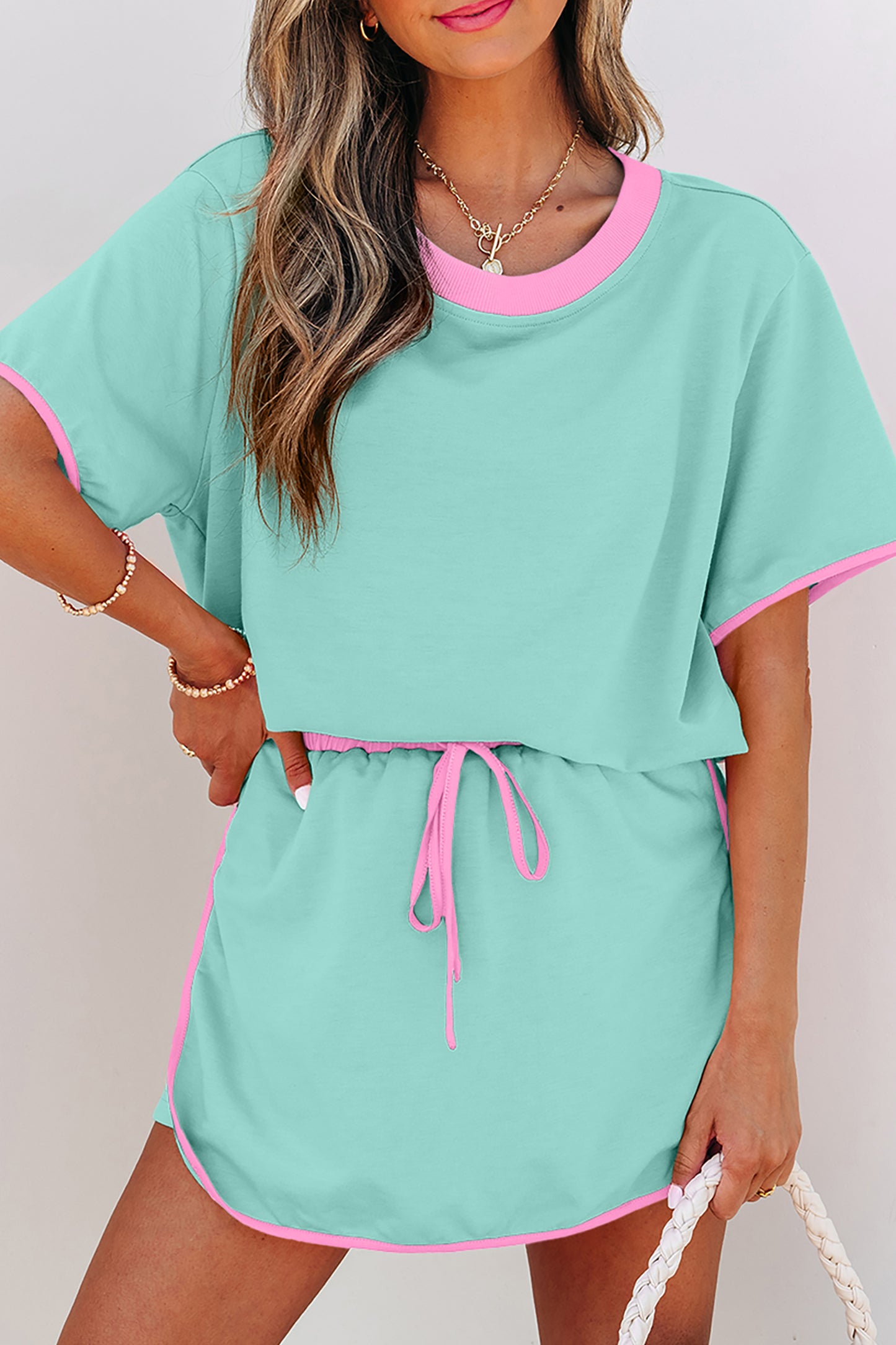 Apricot Colorblock Edge Drop Shoulder T Shirt and Skort 2Pcs Set