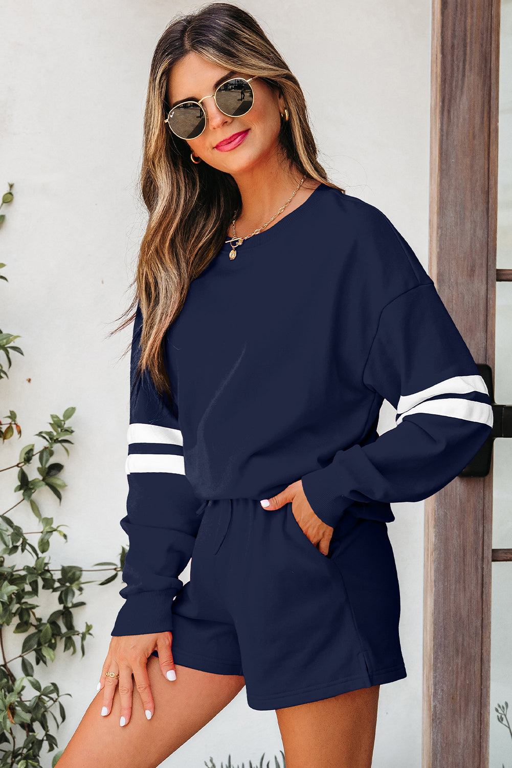 Evergreen Varsity Striped Sleeve Drop Shoulder Sweatshirt and Short Set