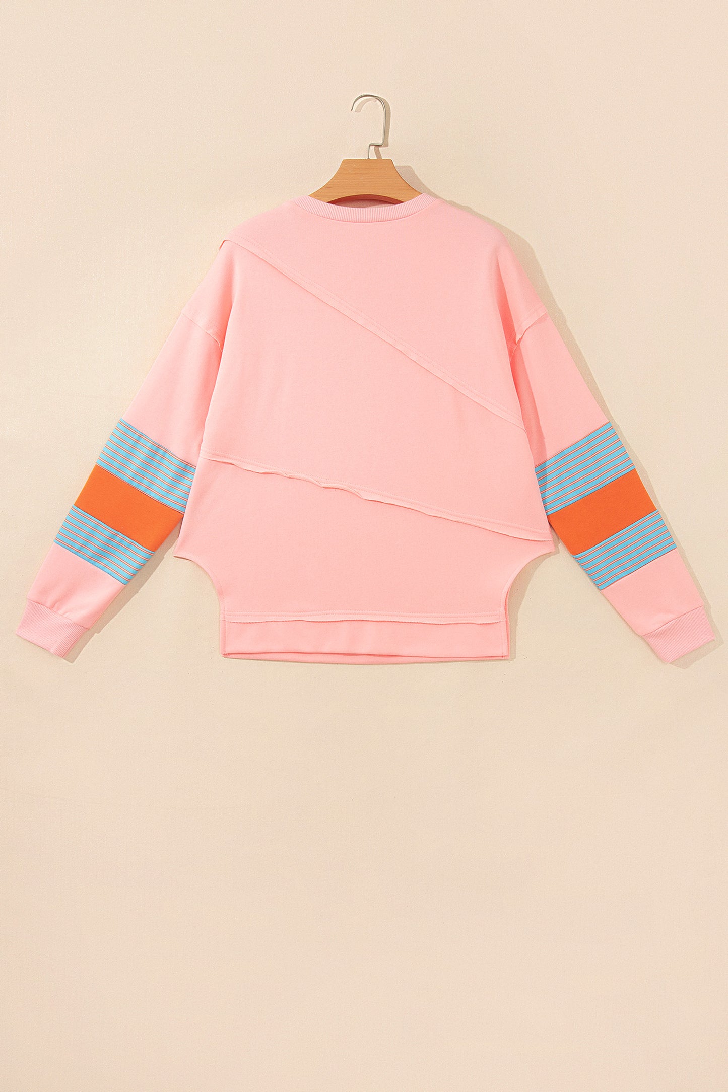 Pink Colorblock Striped Patchwork Long Sleeve Round Neck Blouse