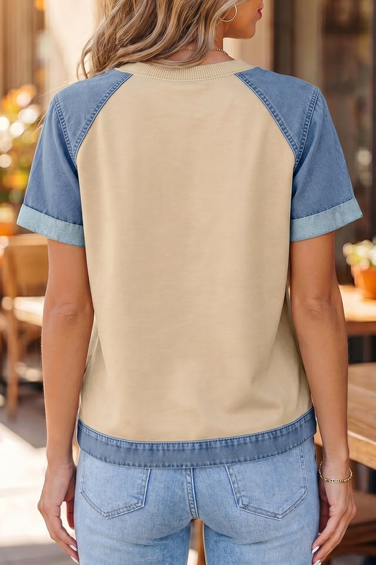Parchment Denim Color Block Patchwork Round Neck Tee