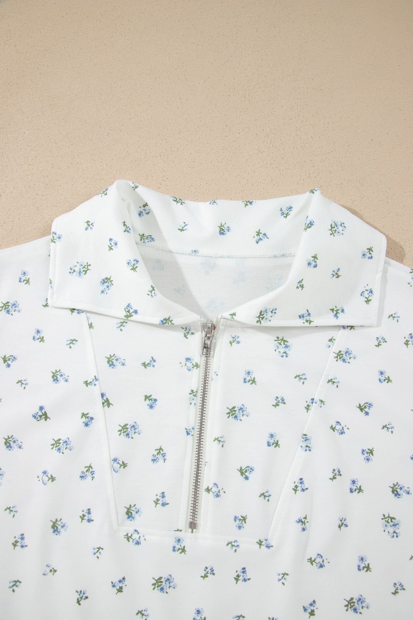 White Floral Print Half Zip Top Matching Short Set