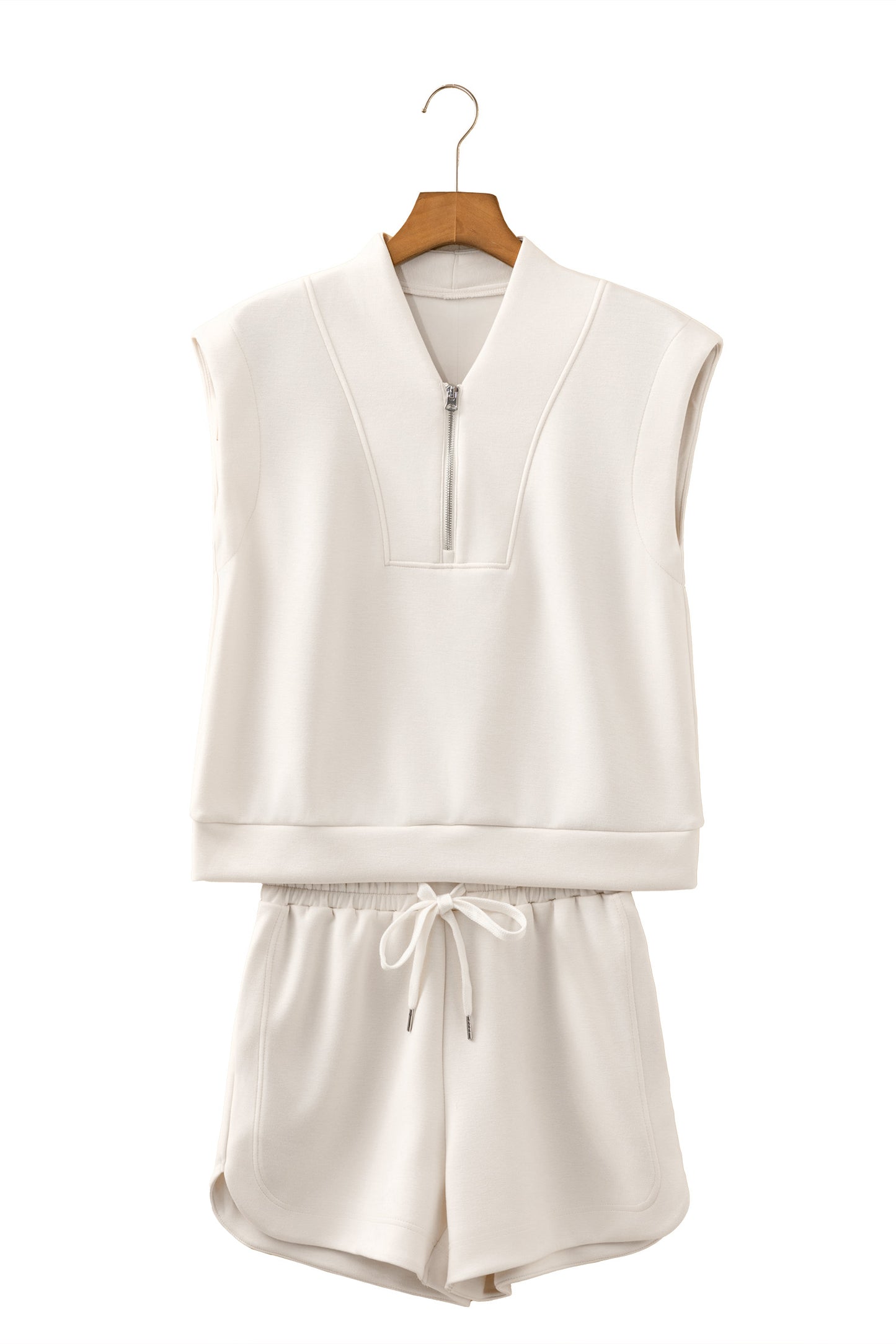 Oatmeal Quarter Zip Sleeveless Top Drawstring Shorts Casual 2pcs Outfit