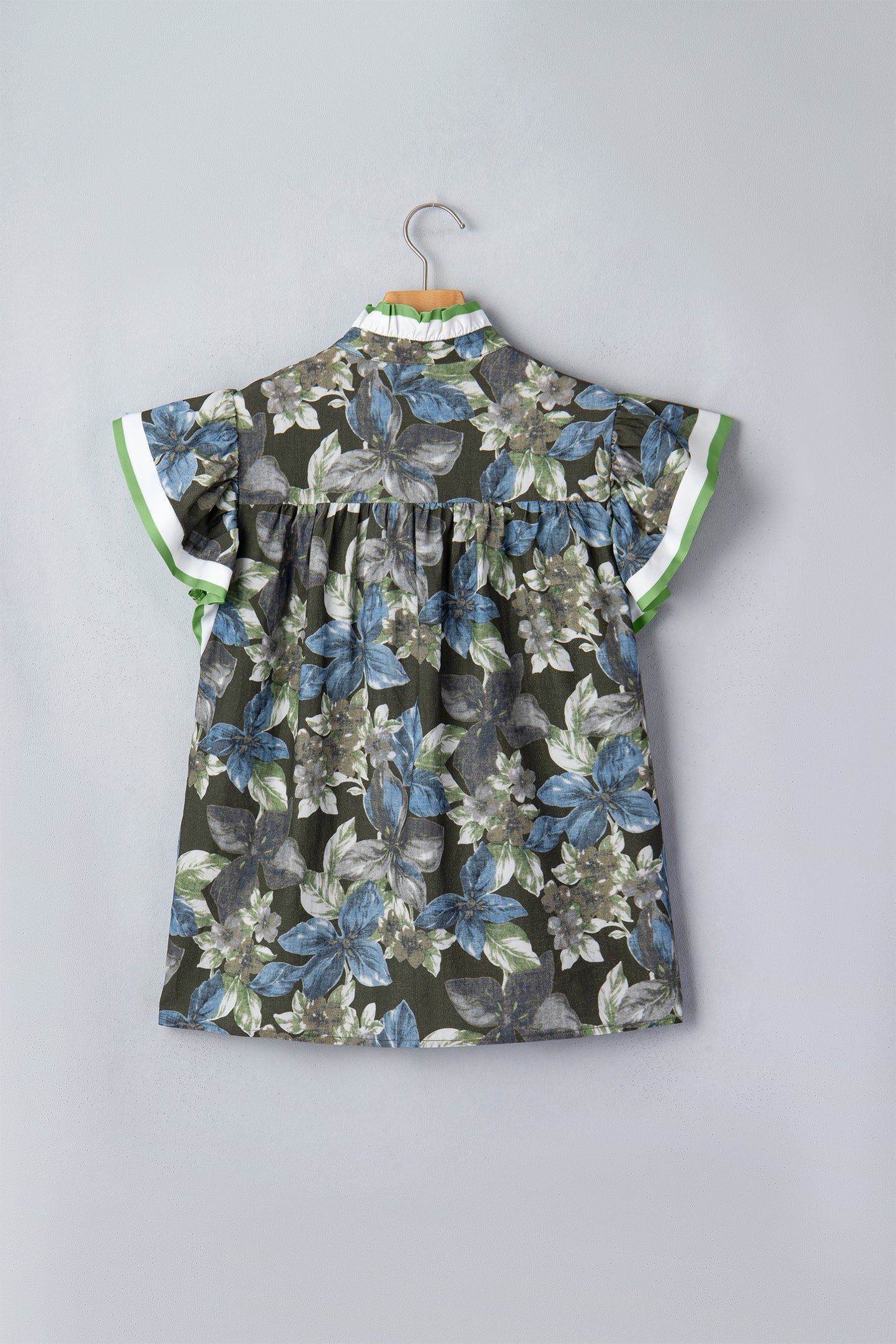 Green Ruffled Short Sleeve Floral Summer Blouse