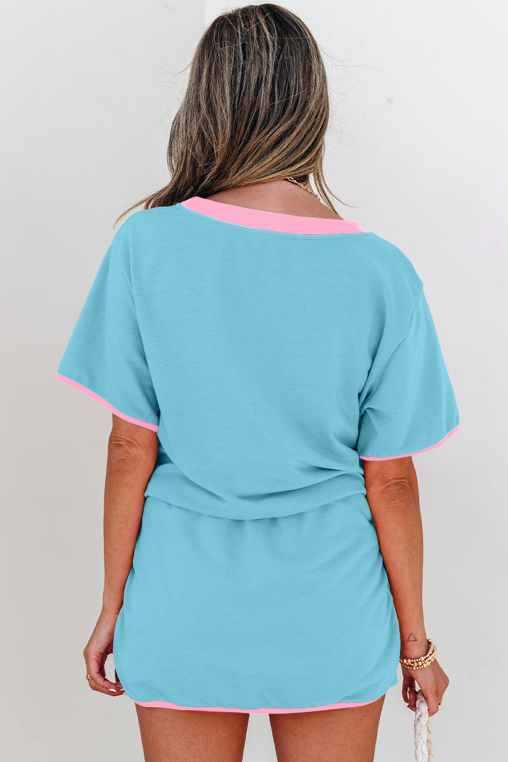 Apricot Colorblock Edge Drop Shoulder T Shirt and Skort 2Pcs Set