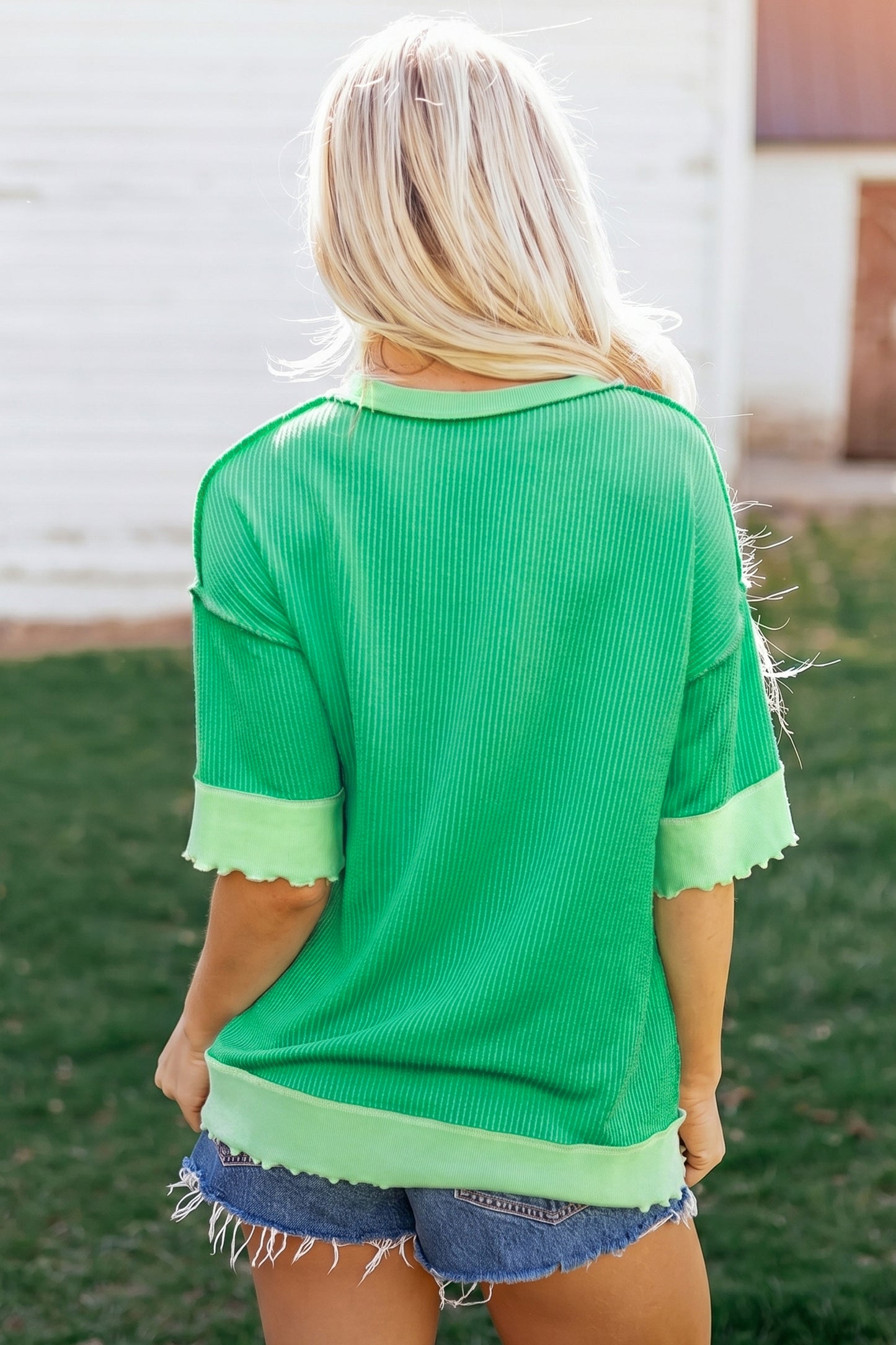 Mint Green Loose Uneven Hem Twist Ribbed T Shirt