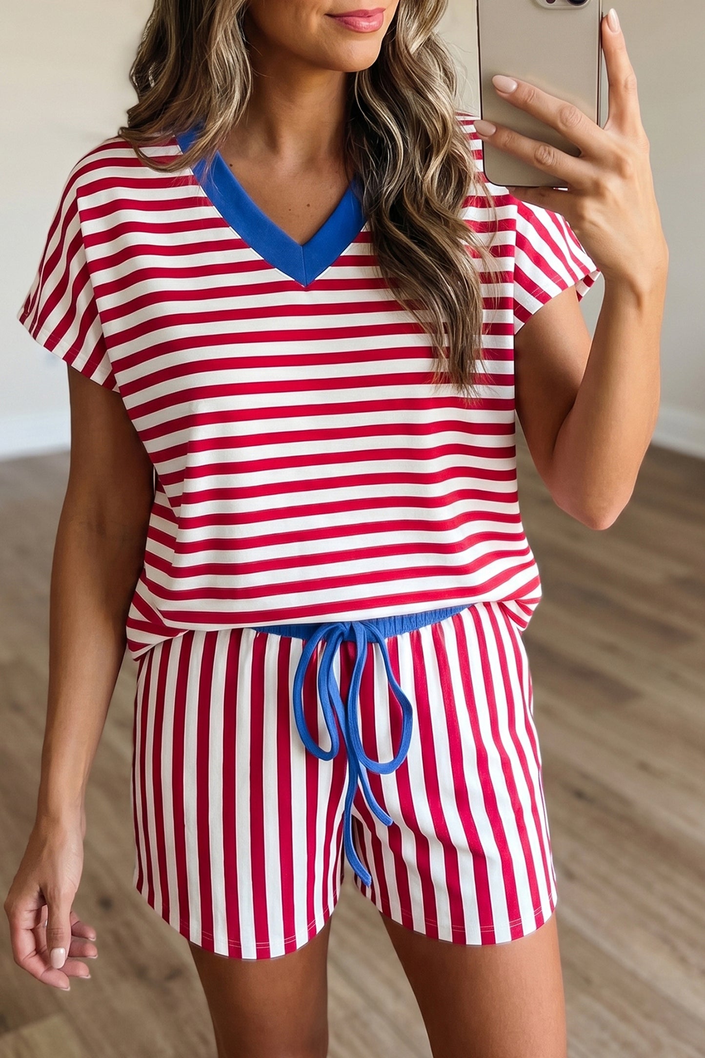 Green Stripe Colorblock Trim V Neck Tee Drawstring Elastic Waist Short Set
