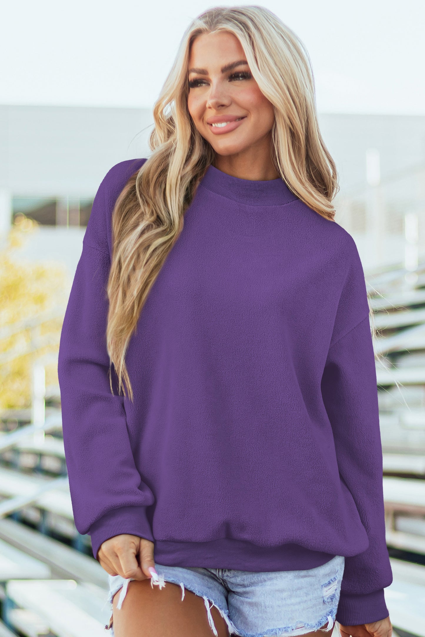 Light Pink Oversize Drop Shoulder Reversible Mock Neck Sweatshirt