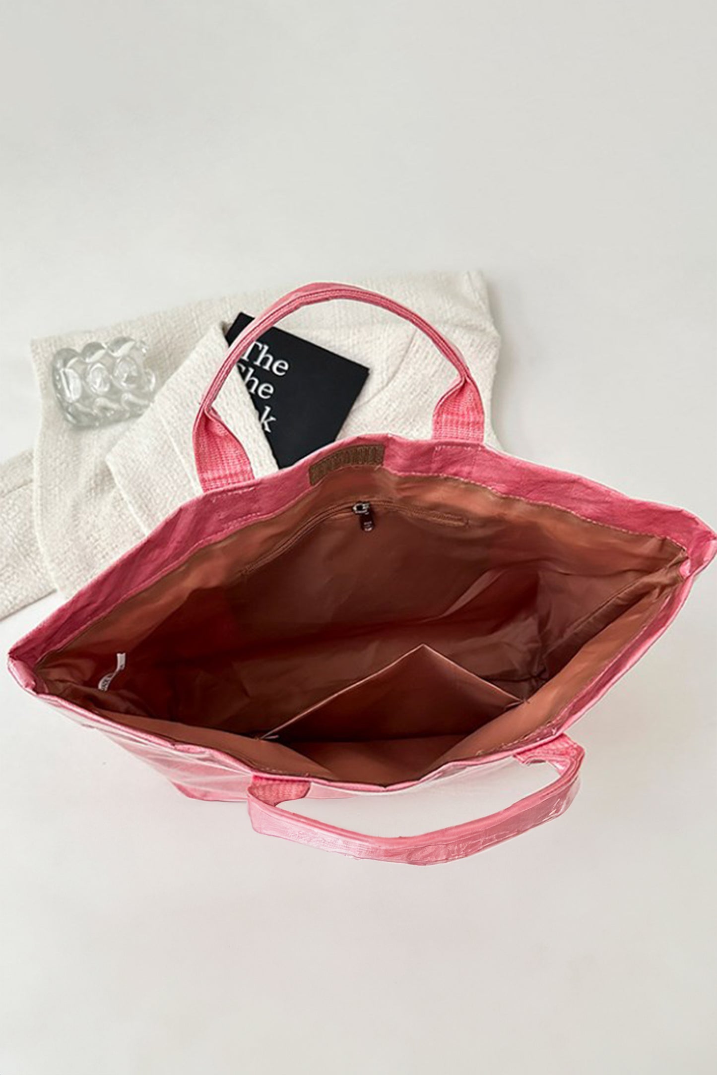 Rose Red Glossy Striped Vinyl Large Tote Bag