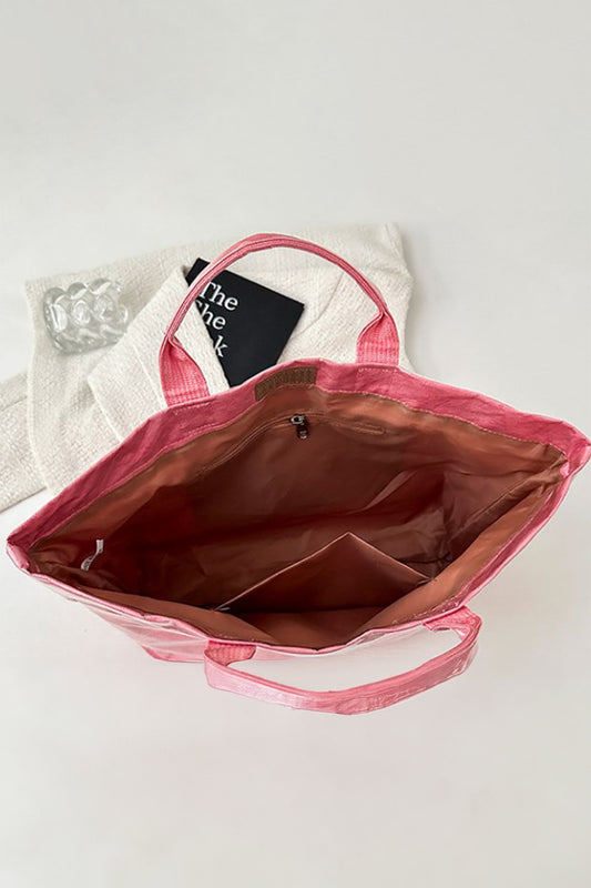 Rose Red Glossy Striped Vinyl Large Tote Bag