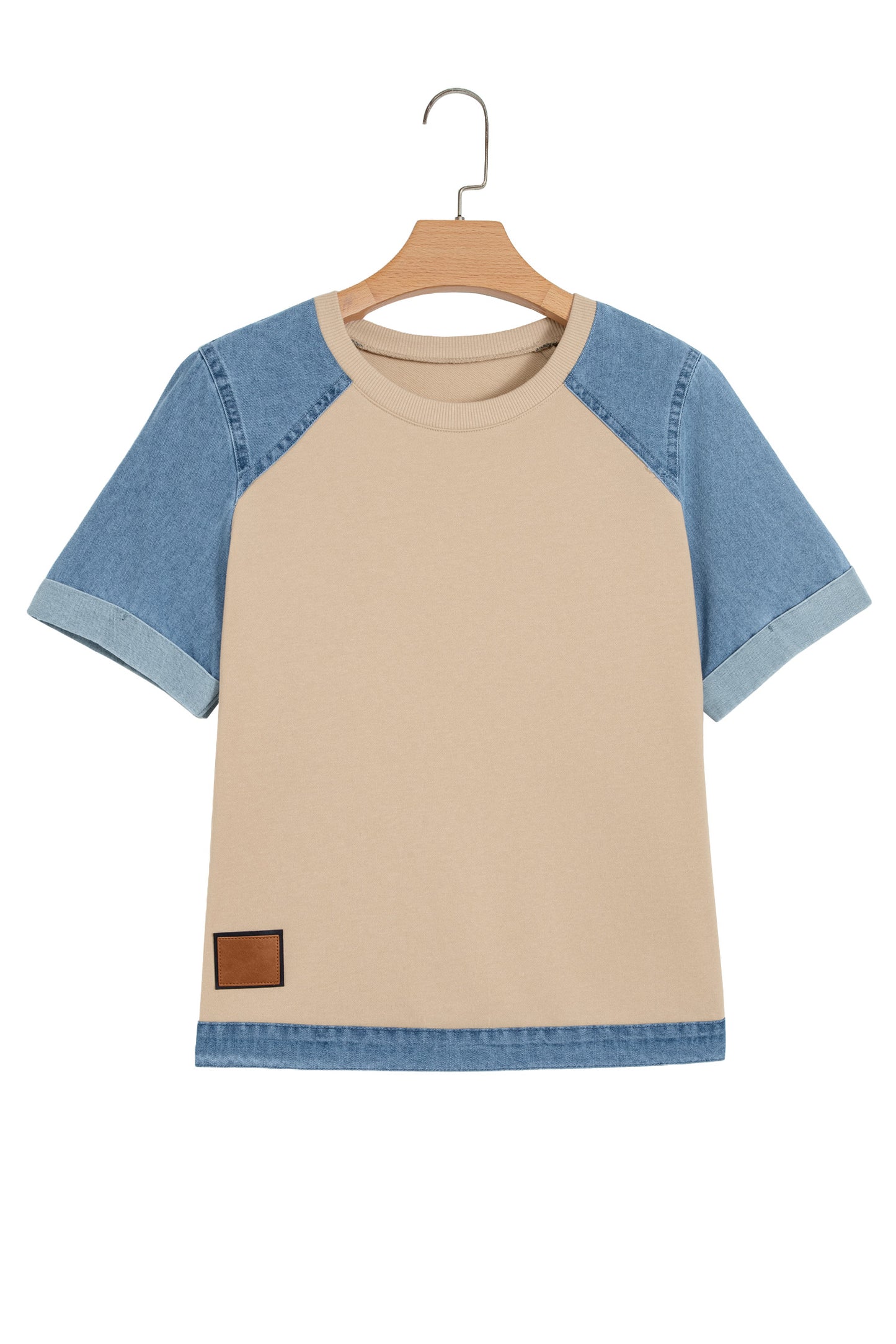 Parchment Denim Color Block Patchwork Round Neck Tee