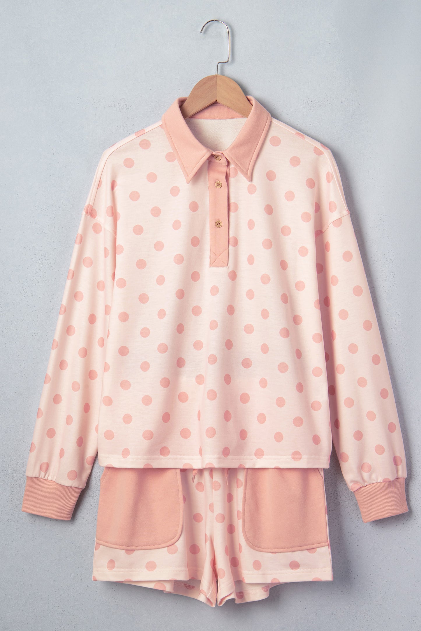 Pink Polka Dot Drop Shoulder Polo Loose Pullover Patch Pocket Casual Shorts Set