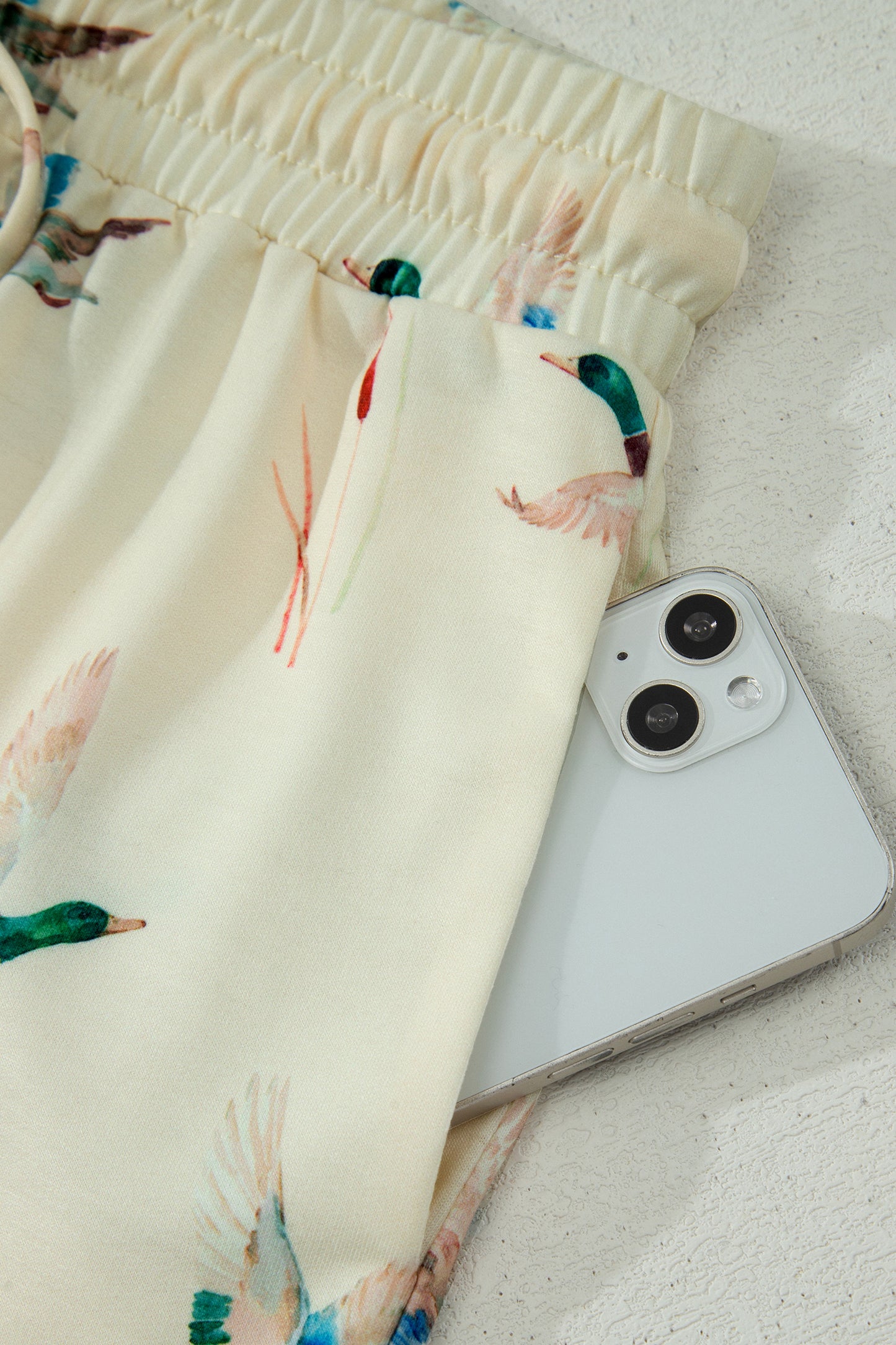 Beige Mallard Duck Print Oversized Tee Drawstring Short Set