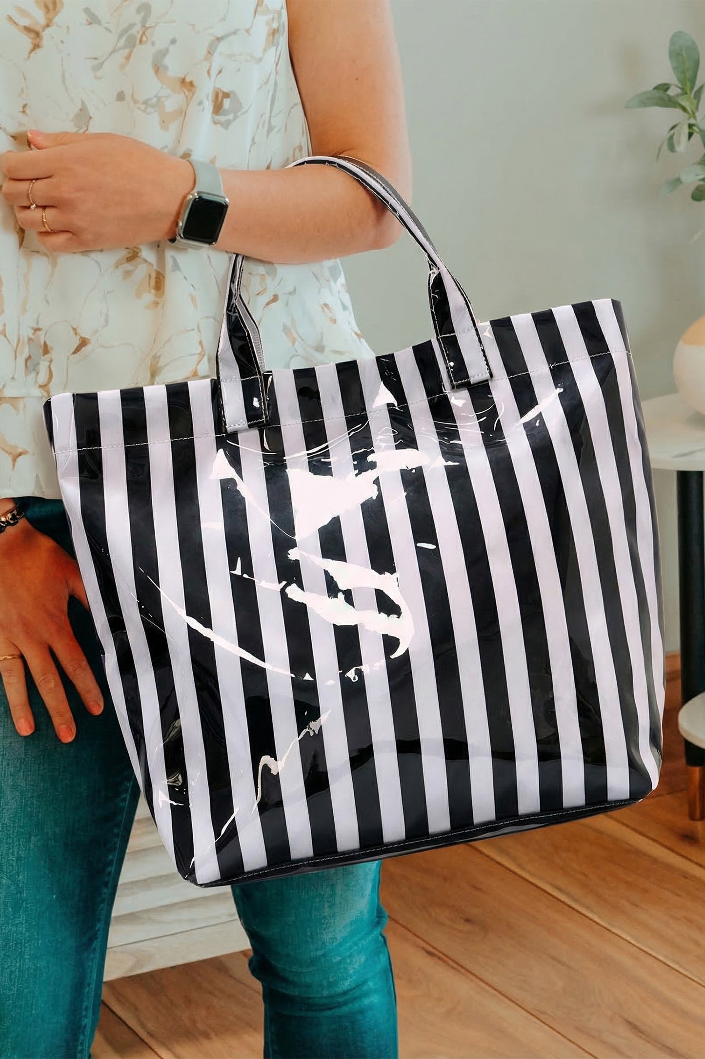Rose Red Glossy Striped Vinyl Large Tote Bag