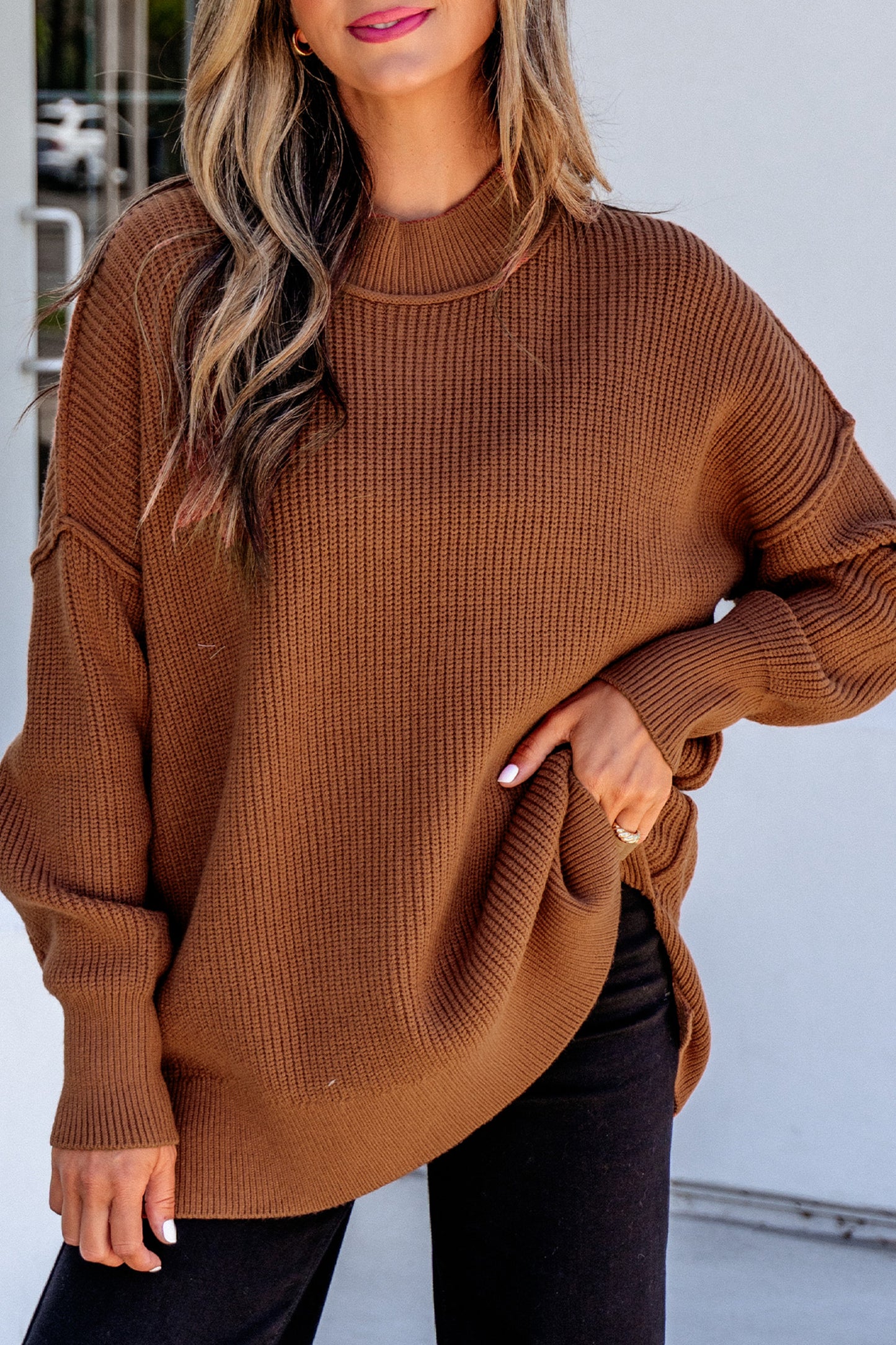 Orchid Bouquet Solid Color Mock Neck Oversized Tunic Sweater
