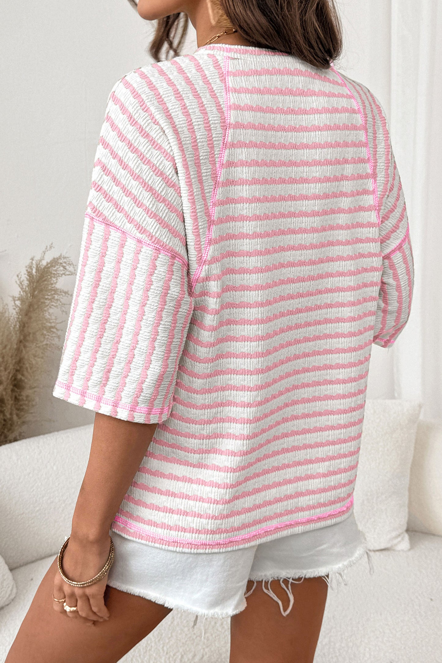 Sky Blue Stripe Textured Knit Split Hem Half Sleeve Loose Top