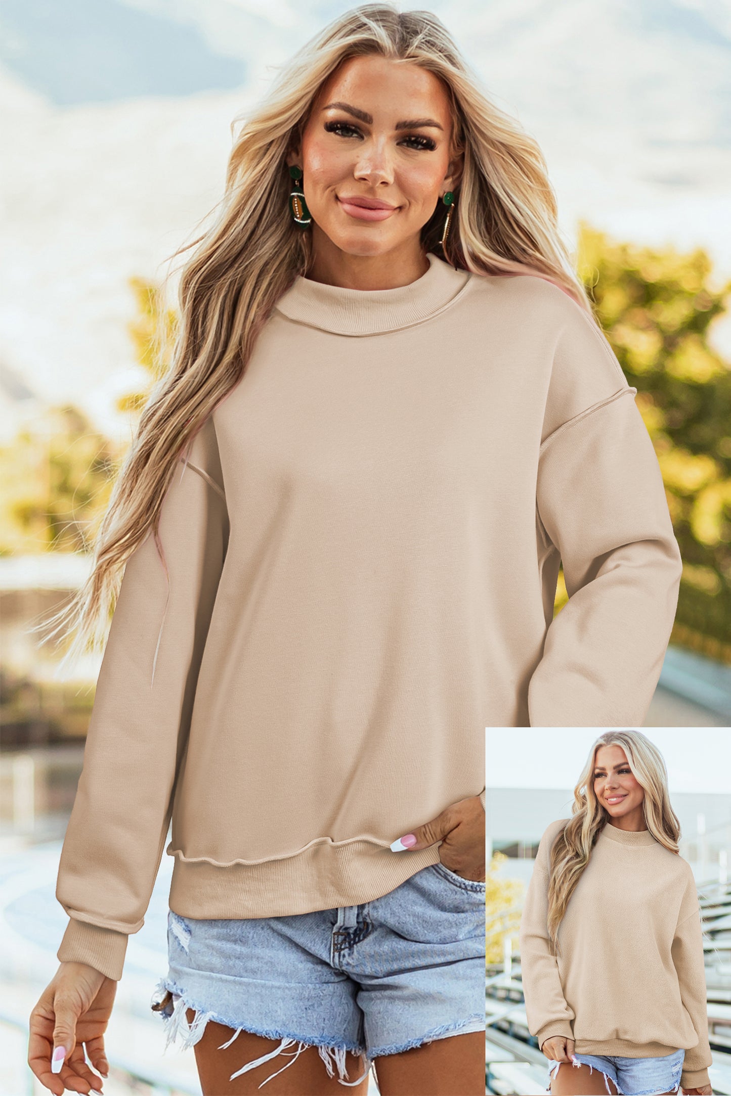 Light Pink Oversize Drop Shoulder Reversible Mock Neck Sweatshirt