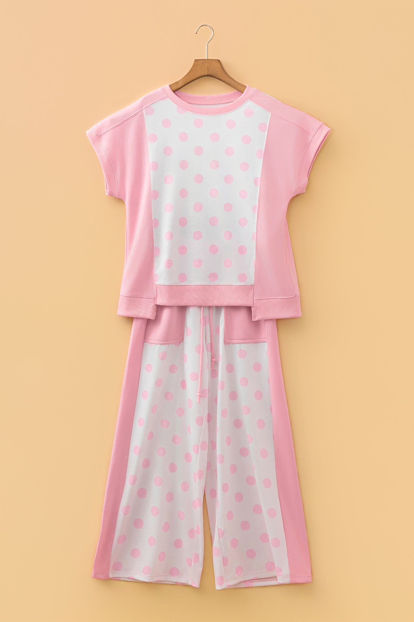 Yellow Color Block Patchwork Polka Dot Wide Leg Pant Set