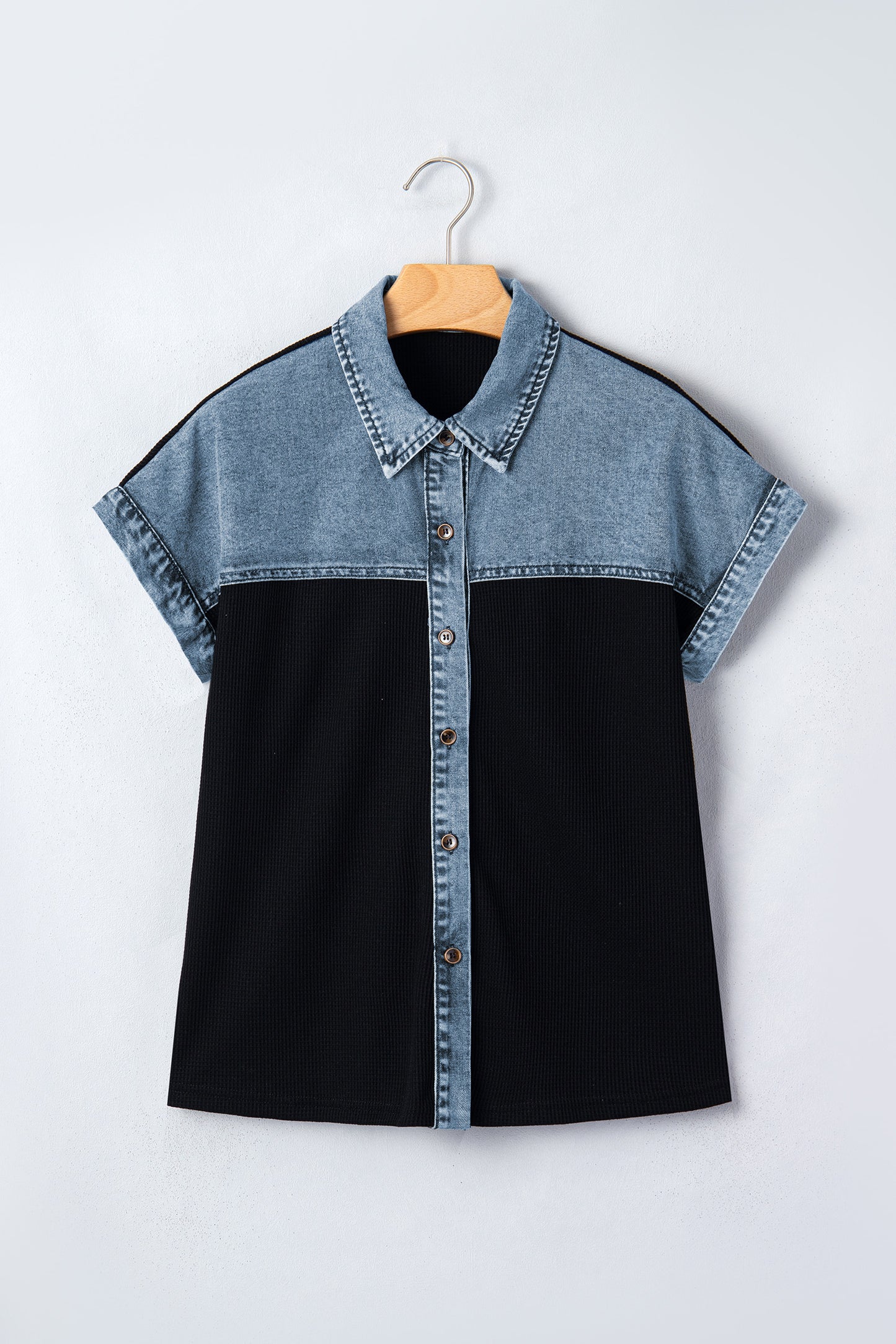 Black Textured Knit Denim Color Block Patchwork Collar Button Down Shirt