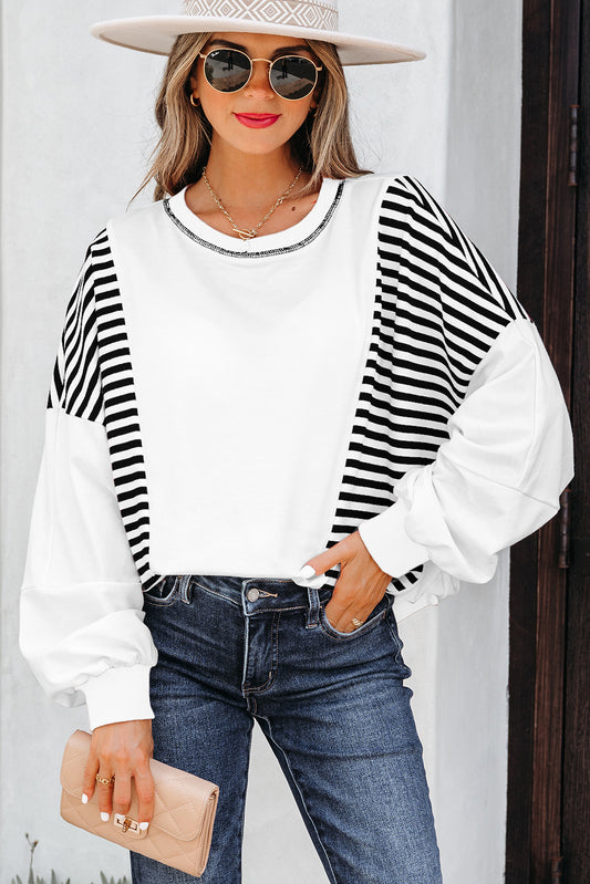 White Stripe Colorblock Patchwork Contrast Stitching Oversize Sweatshirt