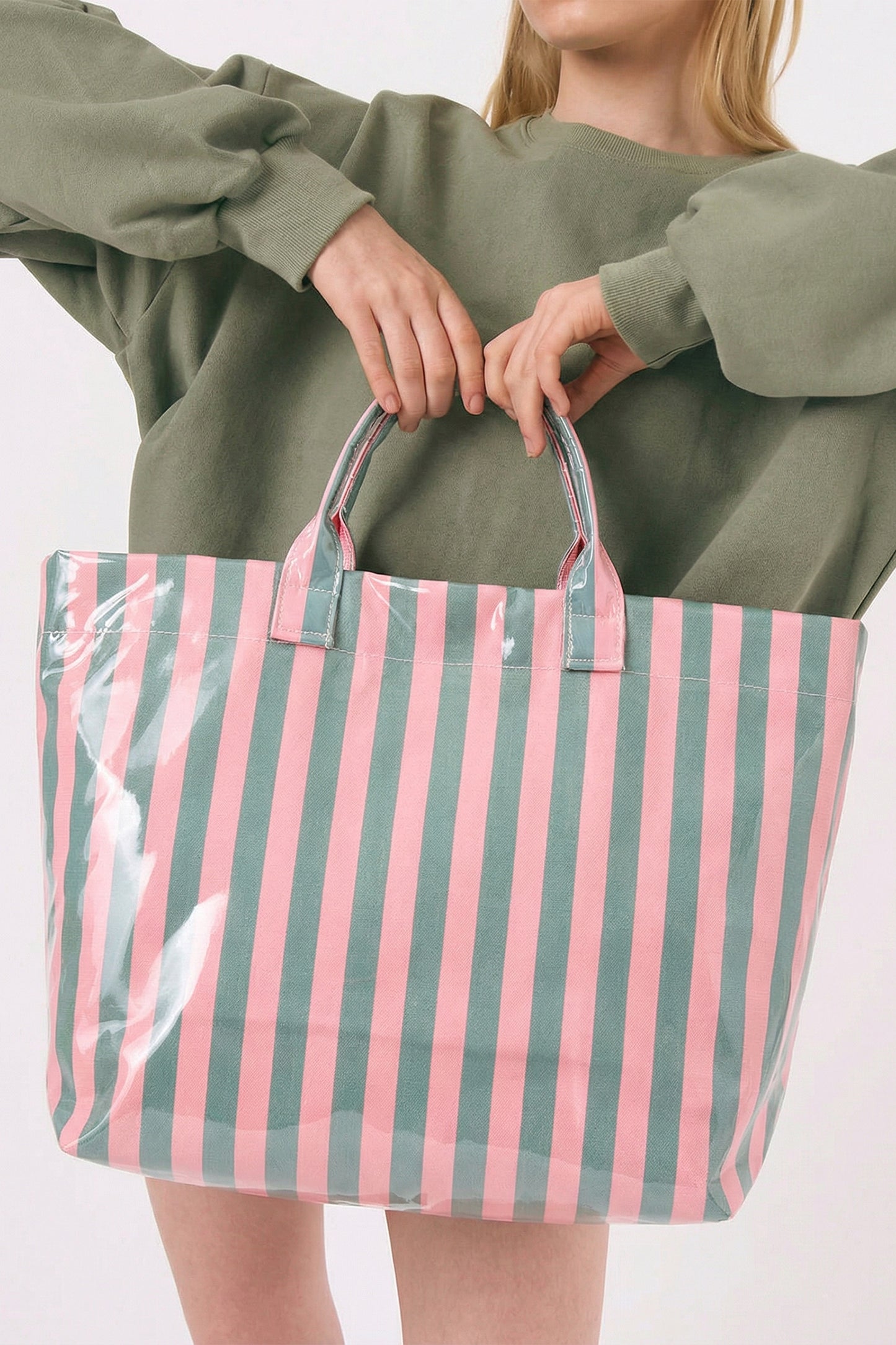Rose Red Glossy Striped Vinyl Large Tote Bag