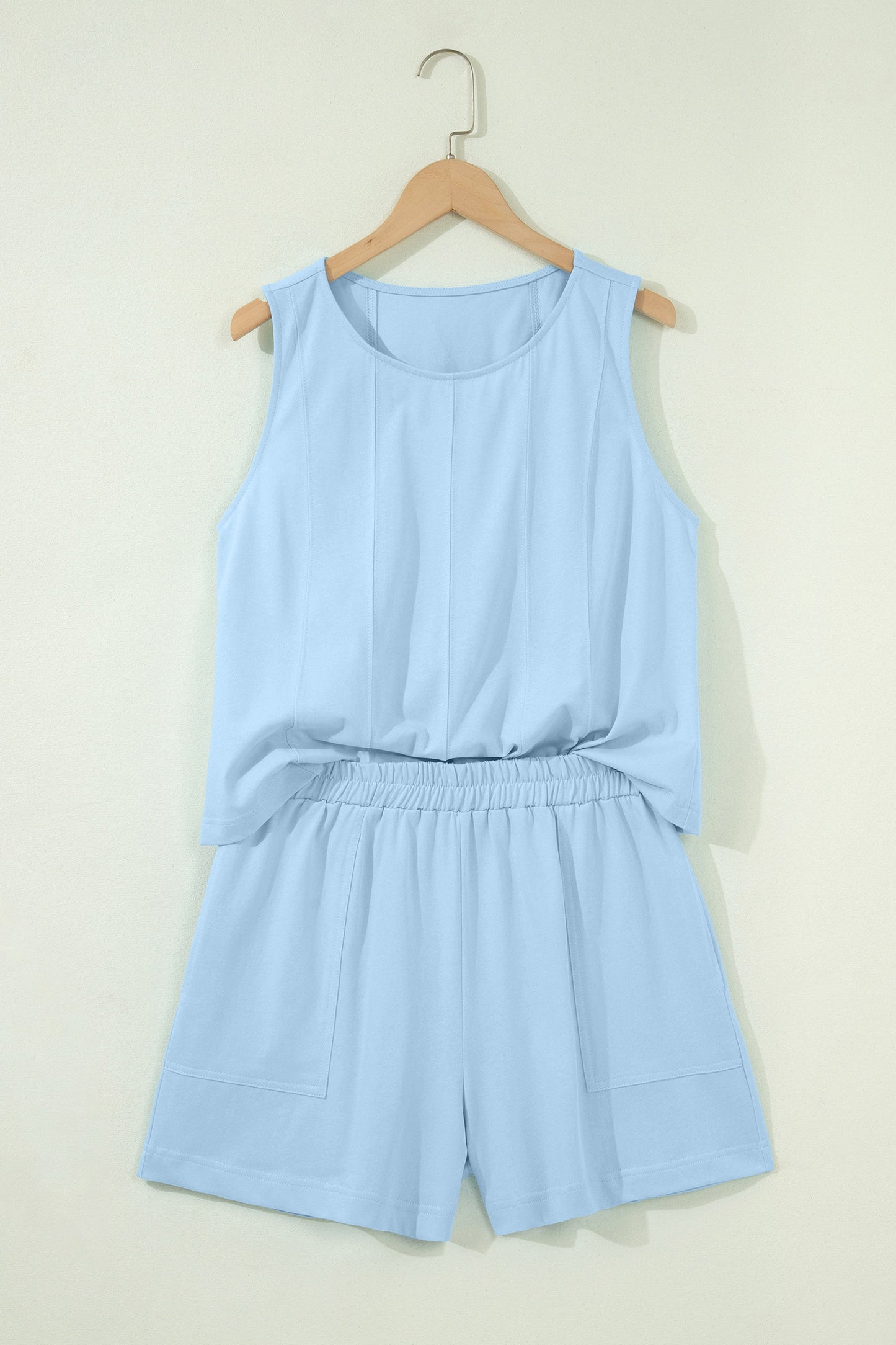 Pink Stitched Detail Loose Tank Top Cotton 2pcs Short Set