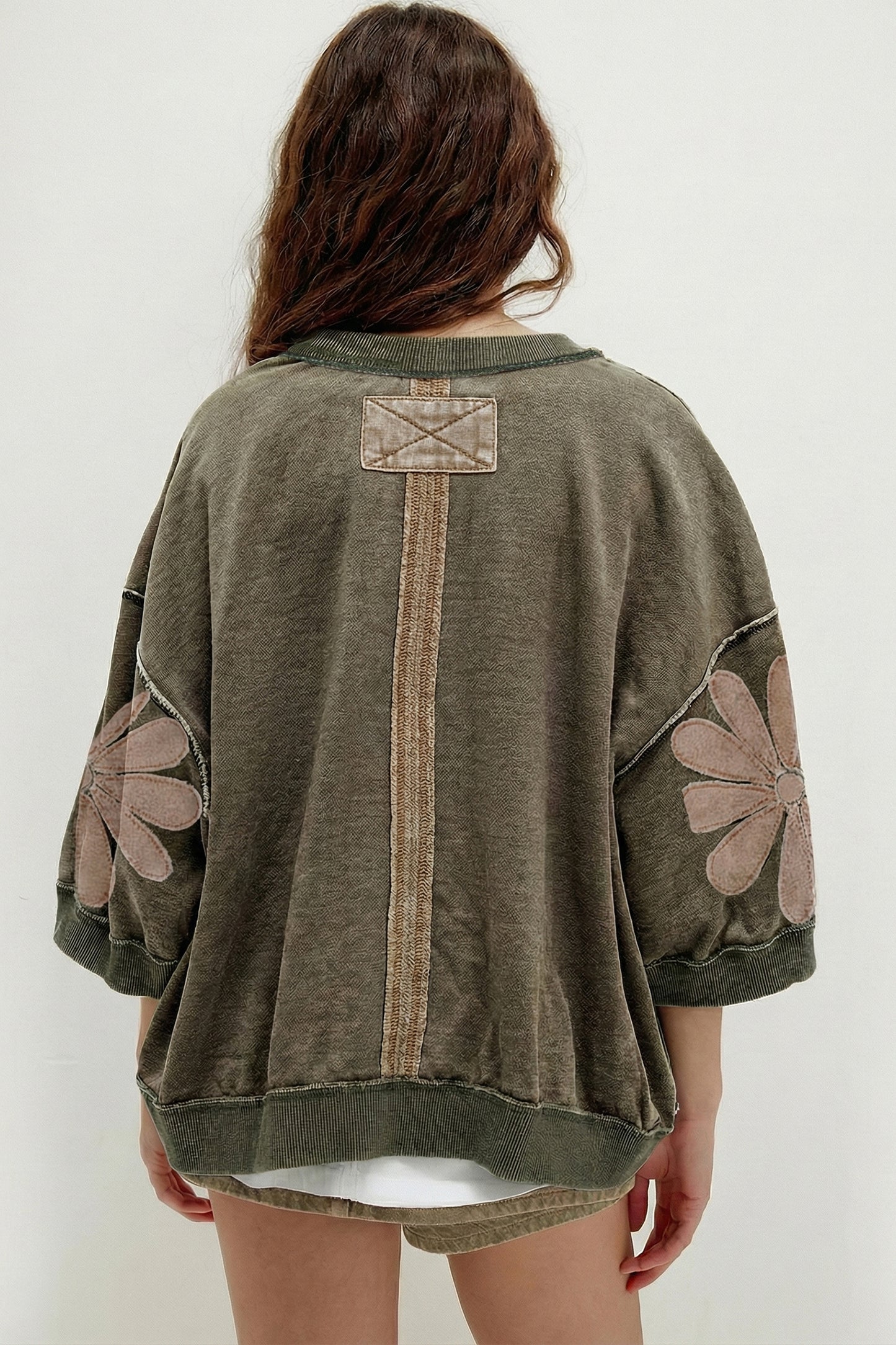 Breen Mineral Wash Raw Seam Patchwork Flower Patched 3/4 Sleeve Oversize Top