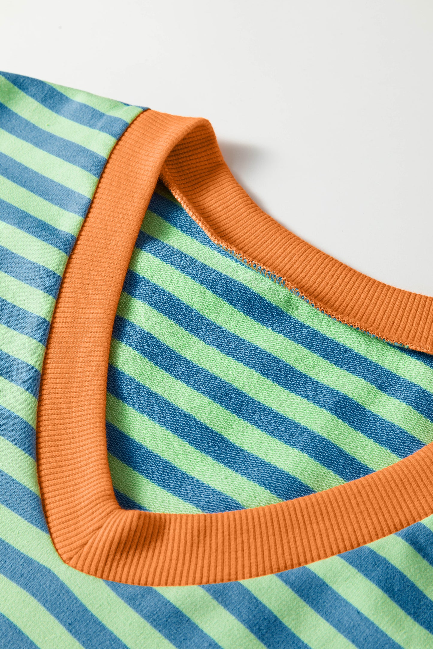 Green Stripe Colorblock Trim V Neck Tee Drawstring Elastic Waist Short Set