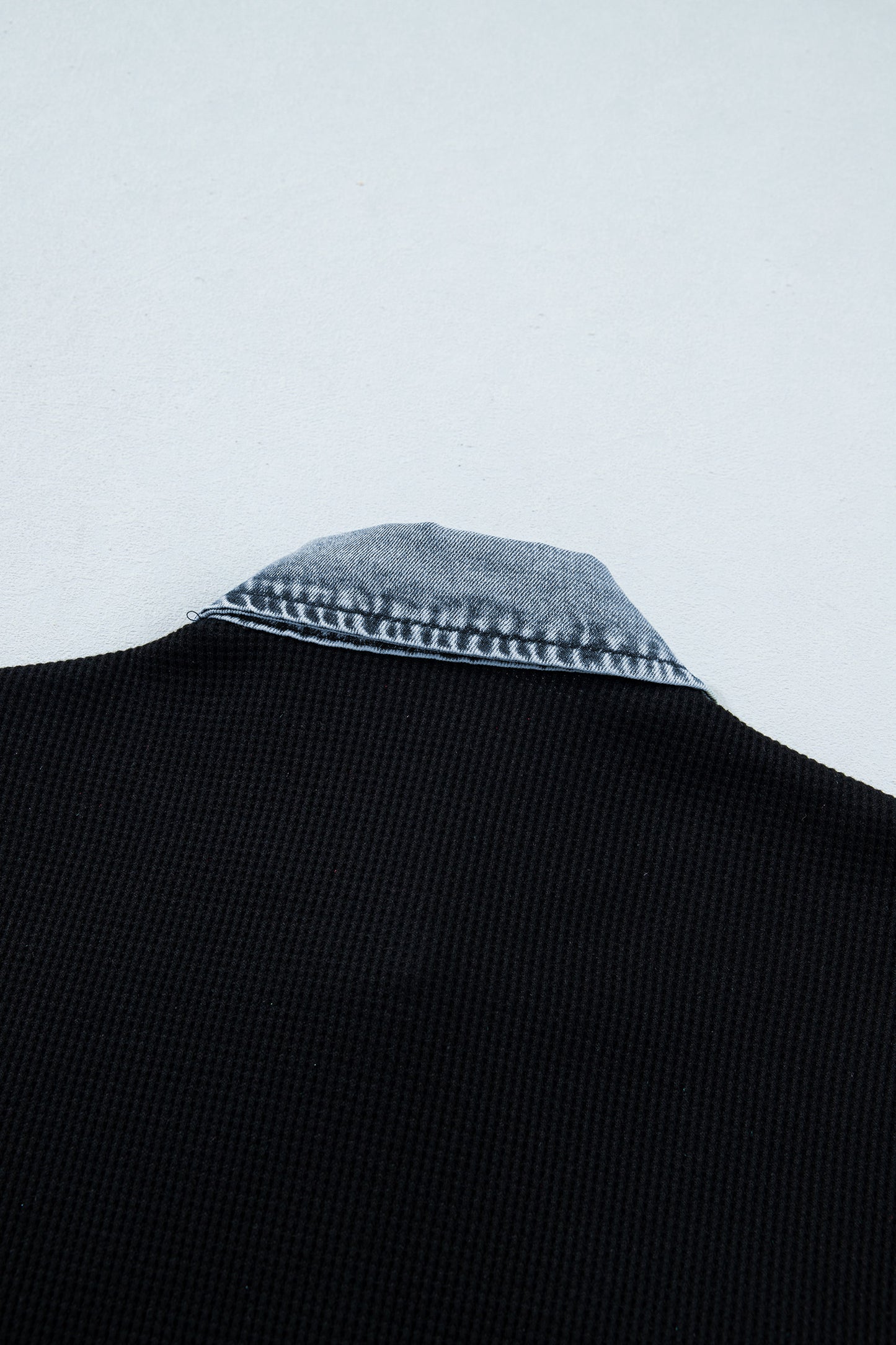 Black Textured Knit Denim Color Block Patchwork Collar Button Down Shirt