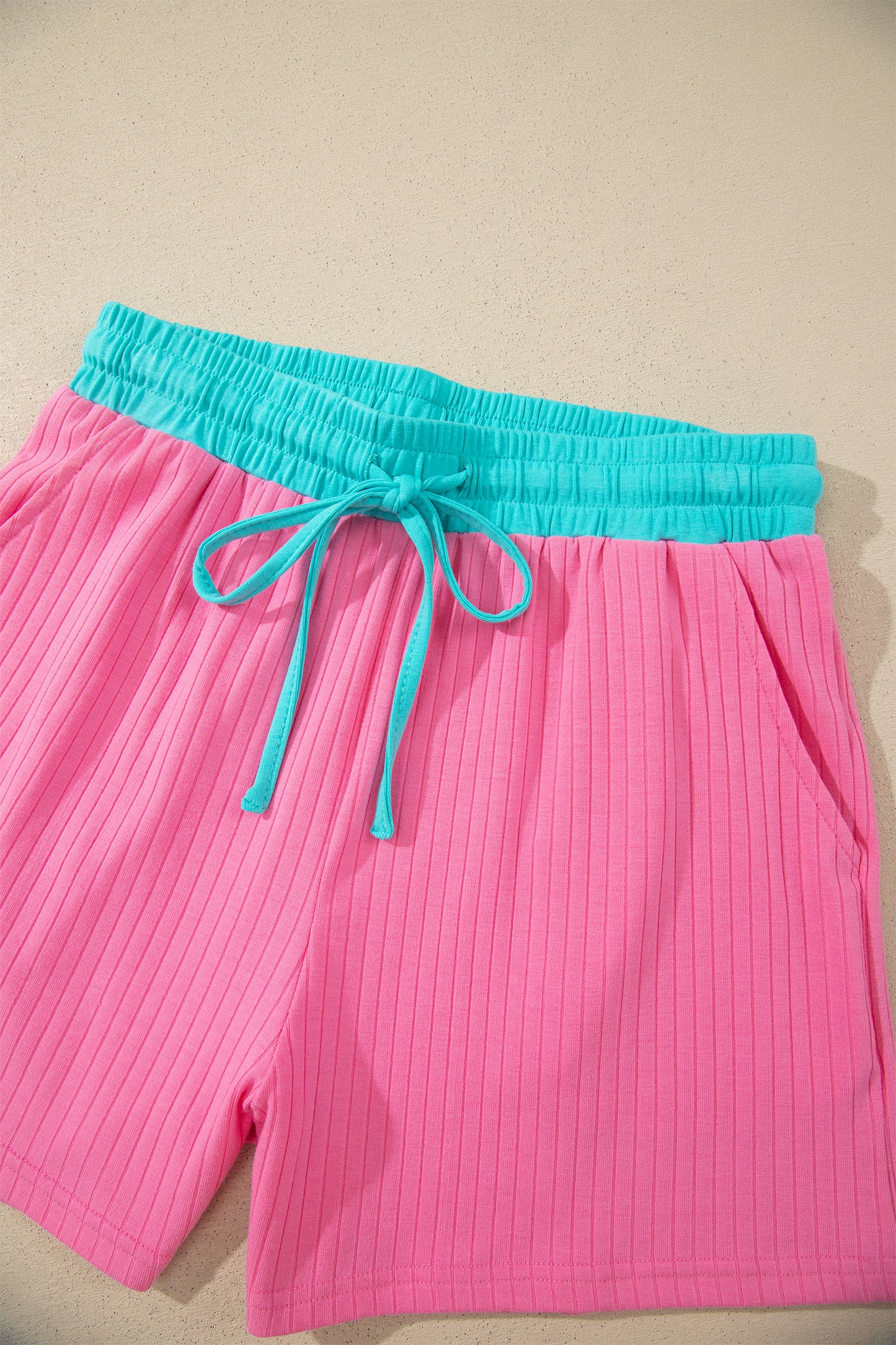 Clearly Aqua Soft Ribbed Color Block Trim Casual Short Set