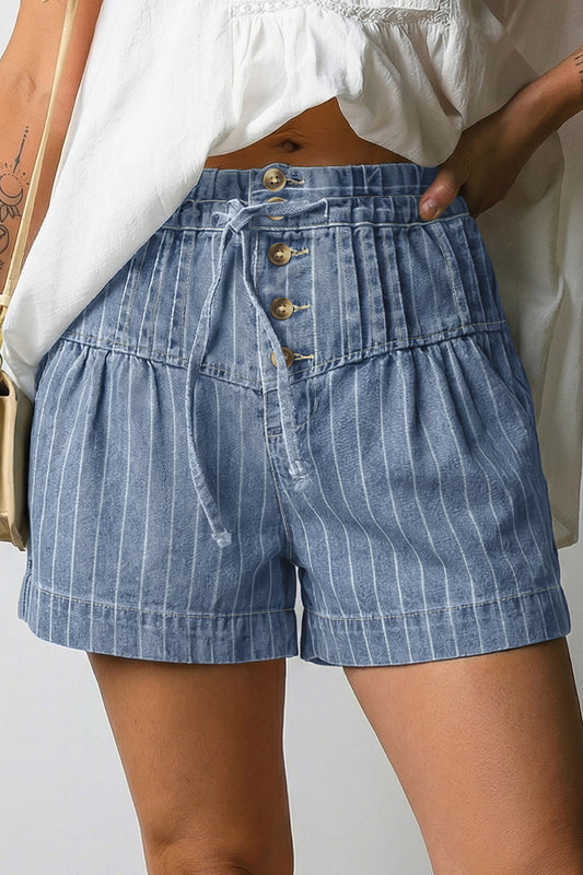 Sky Blue Stripe Drawstring Button Pleated High Waist Denim Shorts