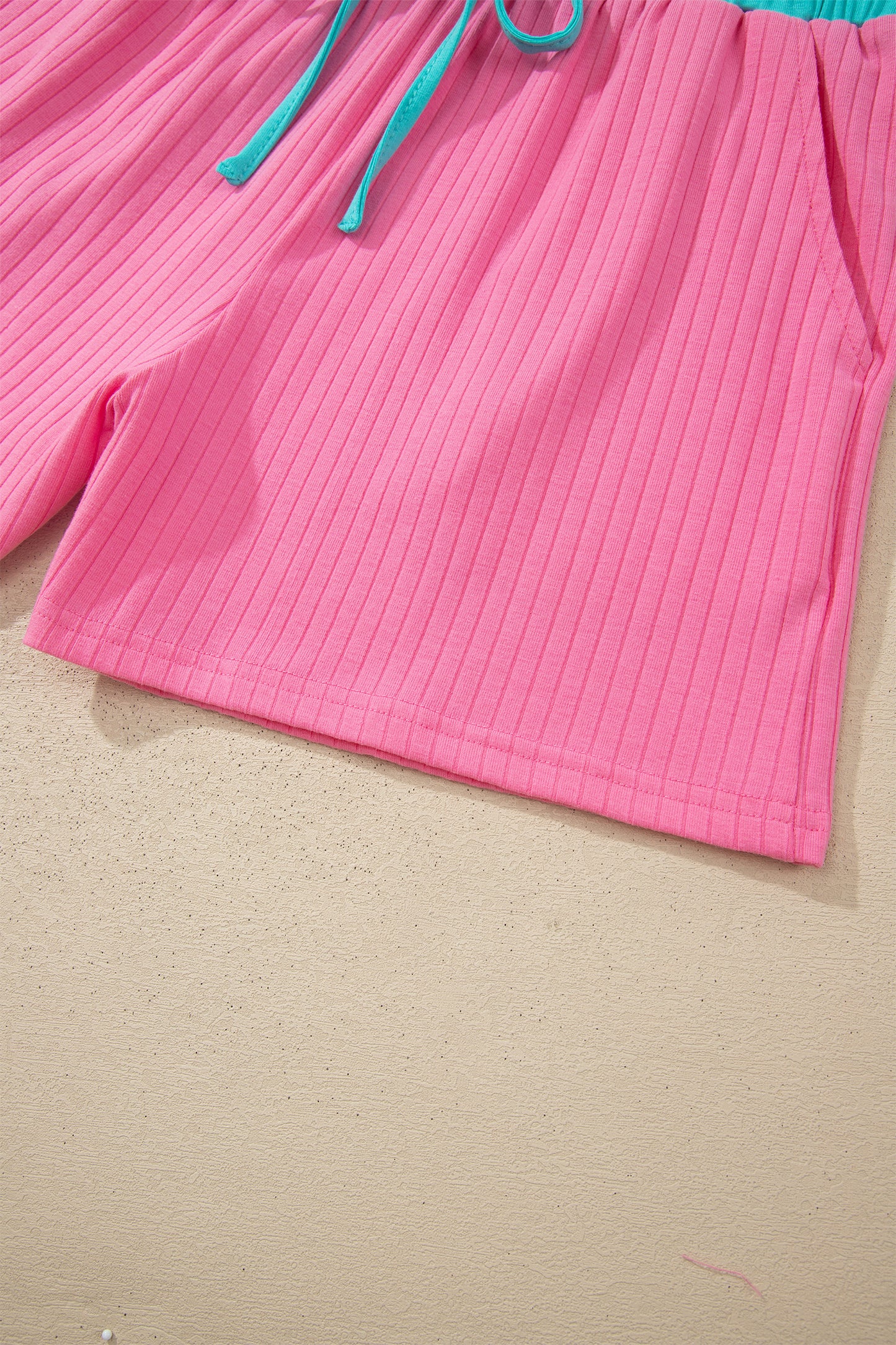 Clearly Aqua Soft Ribbed Color Block Trim Casual Short Set