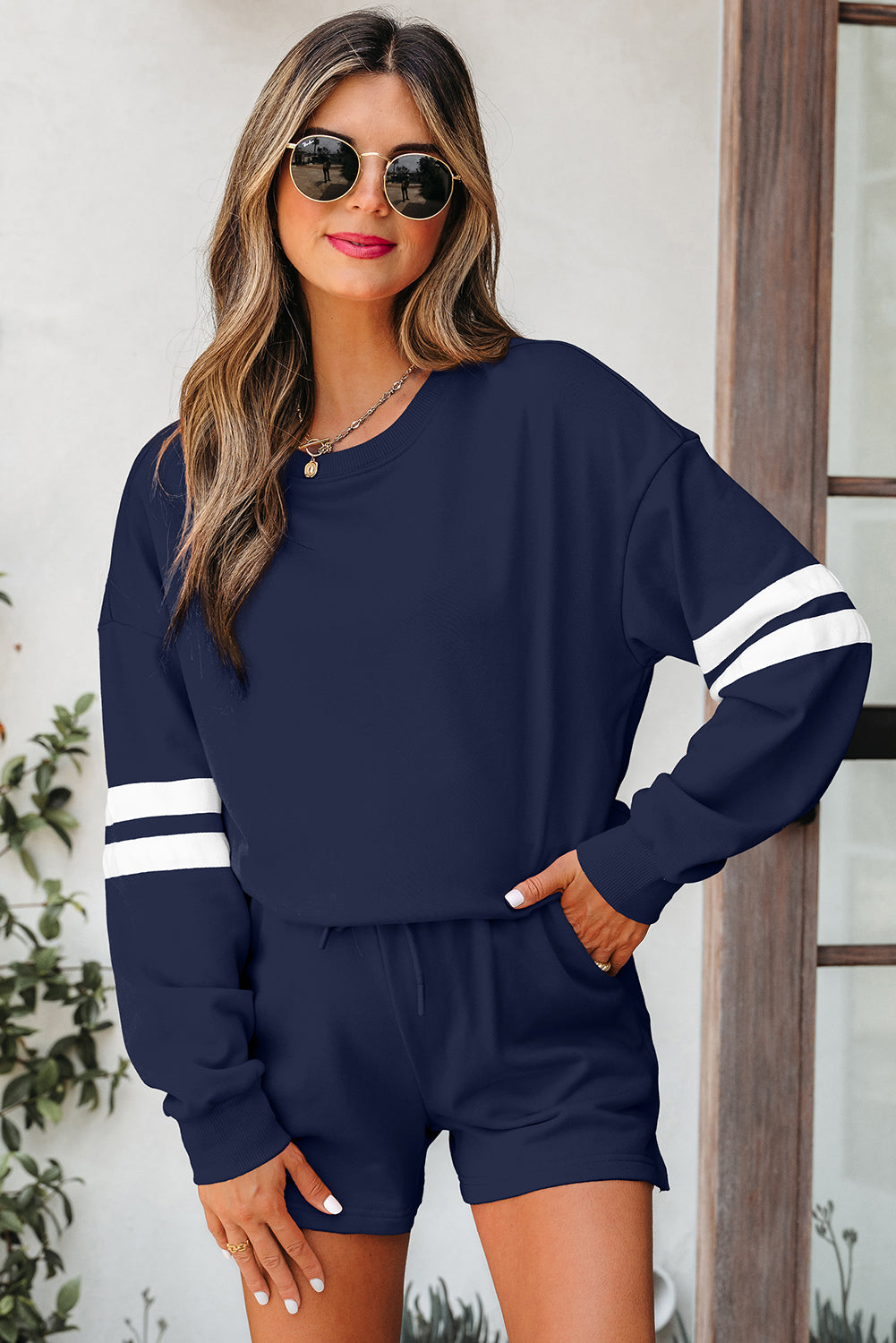 Evergreen Varsity Striped Sleeve Drop Shoulder Sweatshirt and Short Set