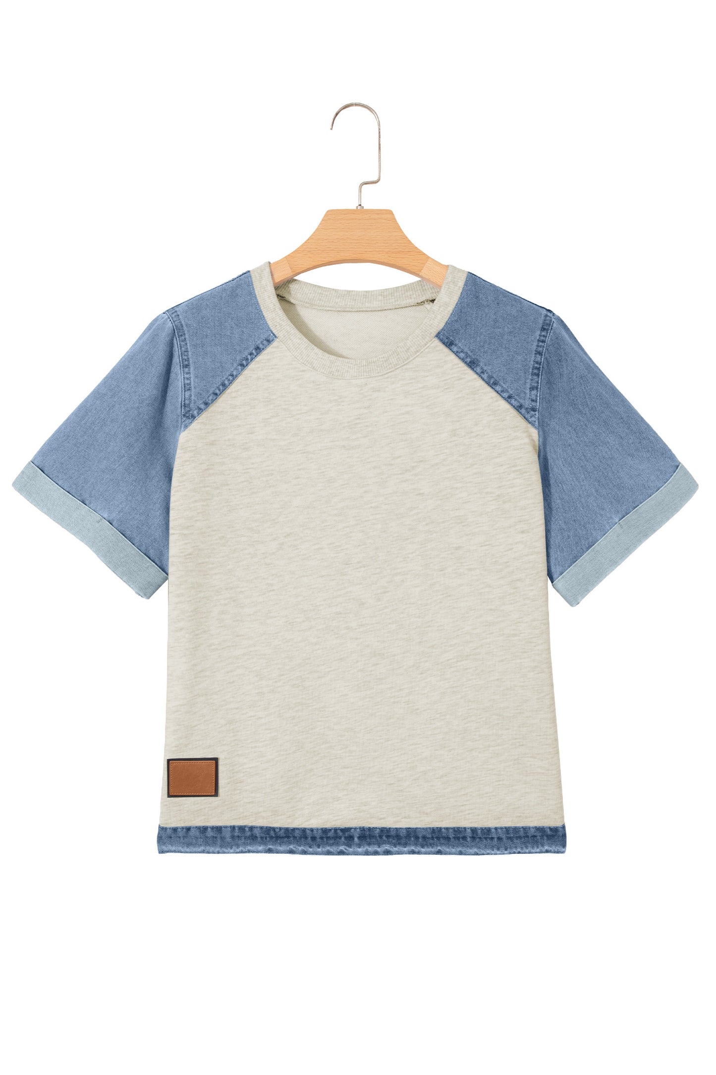 Parchment Denim Color Block Patchwork Round Neck Tee
