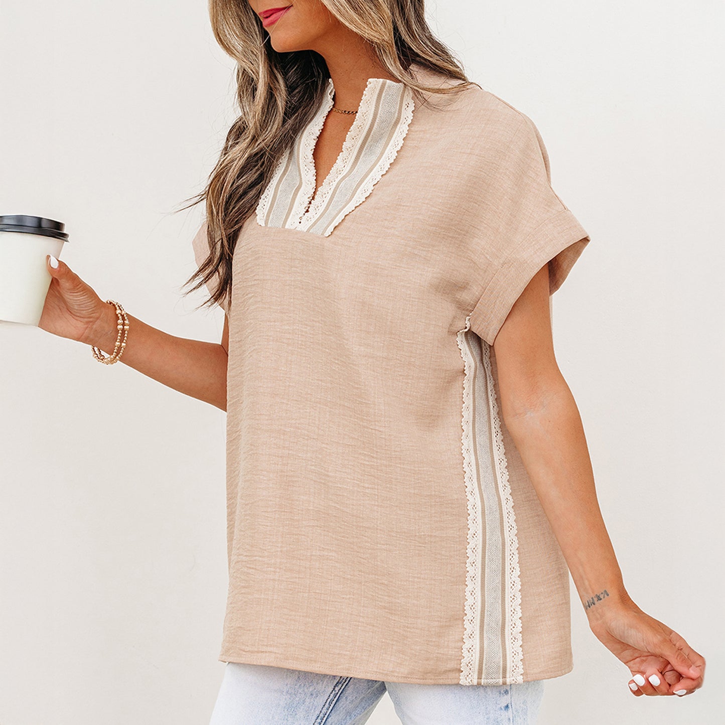 Beau Blue Crochet Lace Accent Pullover Rolled Short Sleeve Blouse