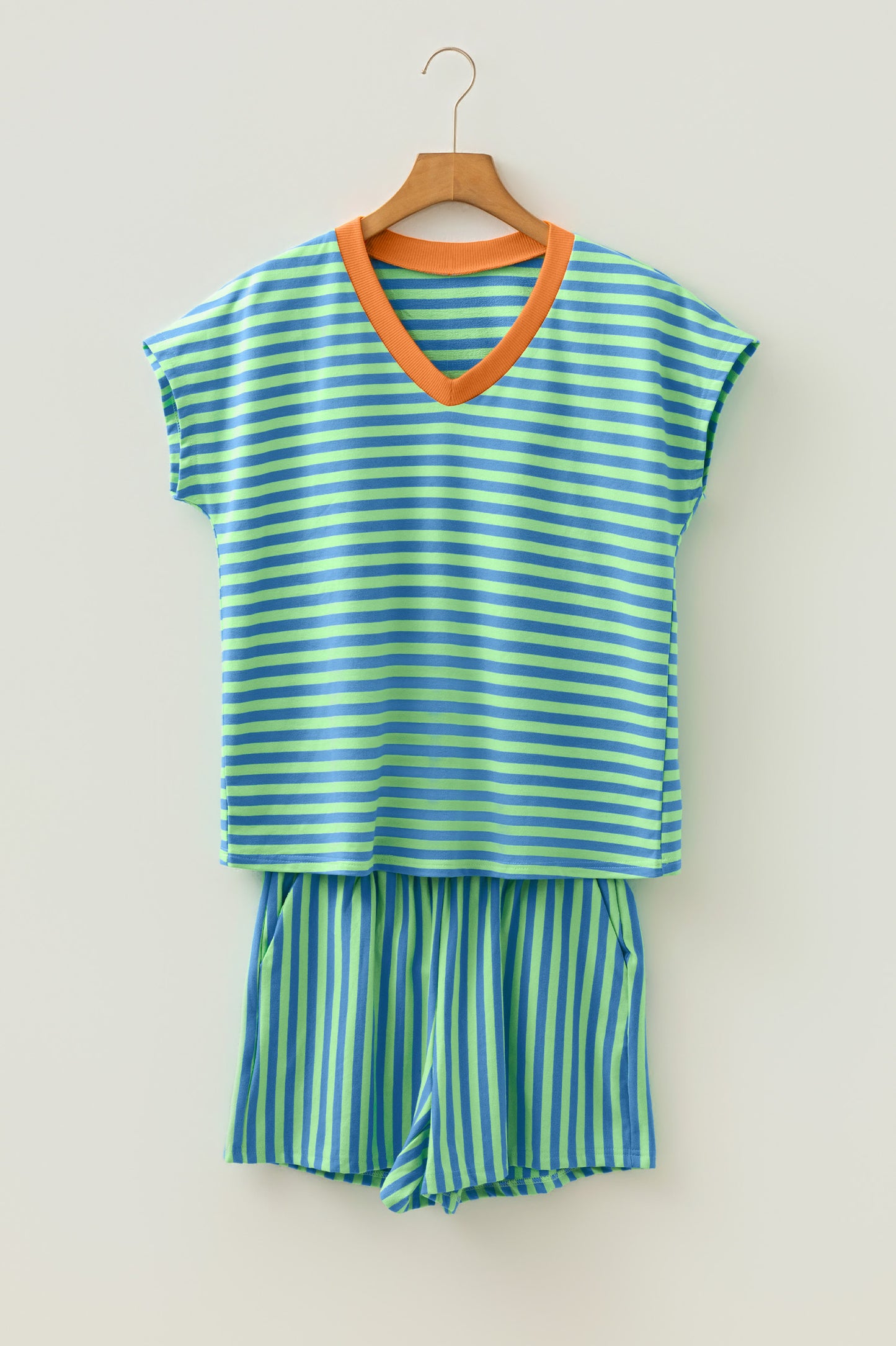 Green Stripe Colorblock Trim V Neck Tee Drawstring Elastic Waist Short Set