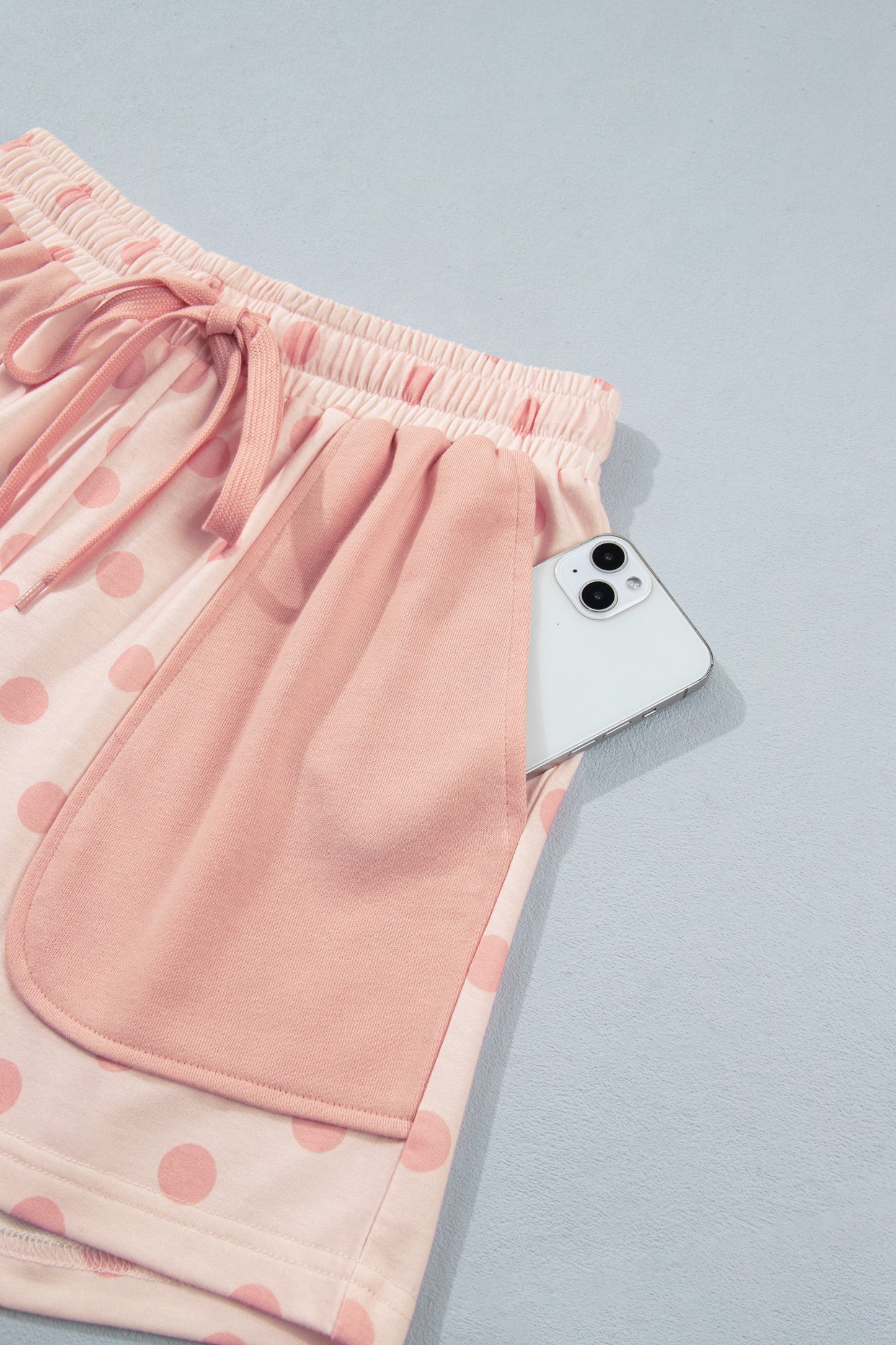 Pink Polka Dot Drop Shoulder Polo Loose Pullover Patch Pocket Casual Shorts Set