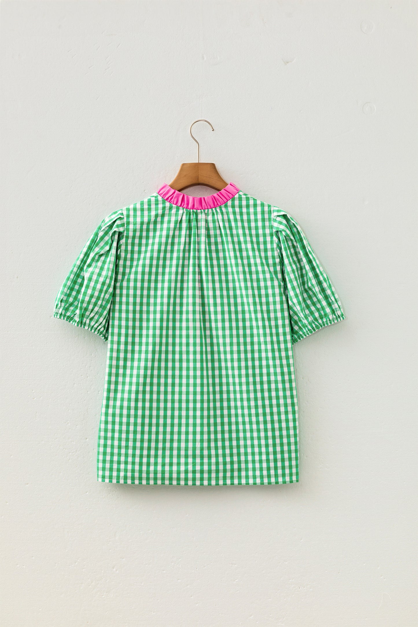 Green Gingham Plaid Bubble Sleeve Colorblock Trim V Neck Blouse