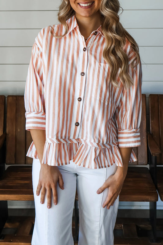 Khaki Stripe Button Front Ruffle Hem Bracelet Sleeve Shirt