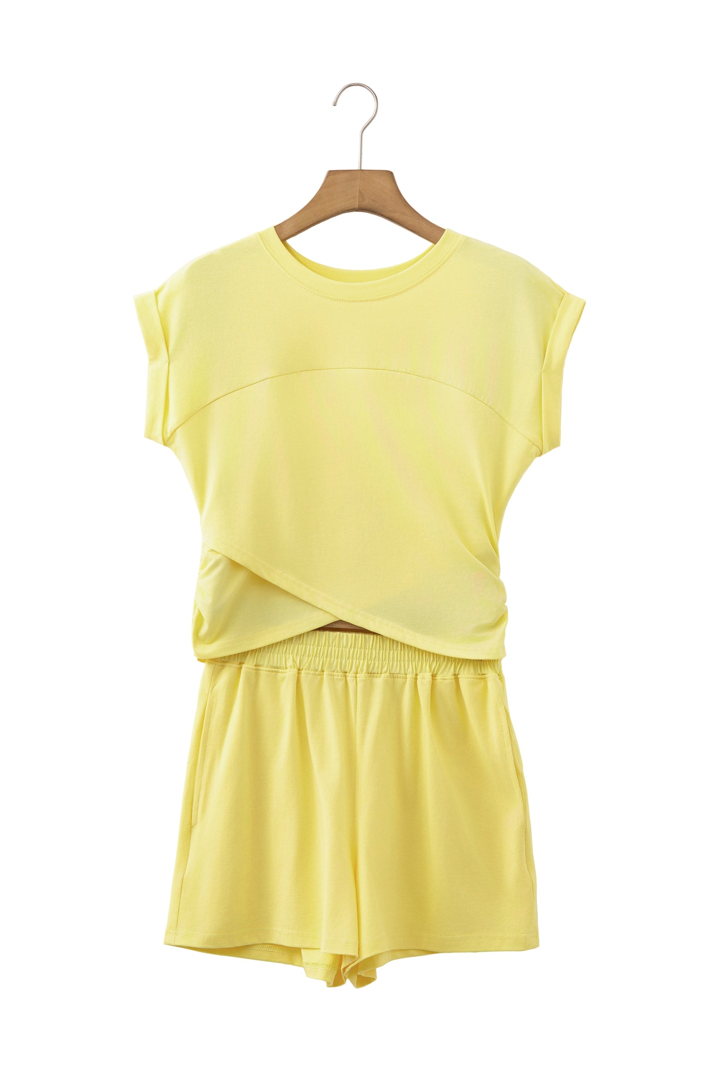 Mist Blue Solid Short Sleeve Elastic Waist Pocket Casual Two Piece Short Set