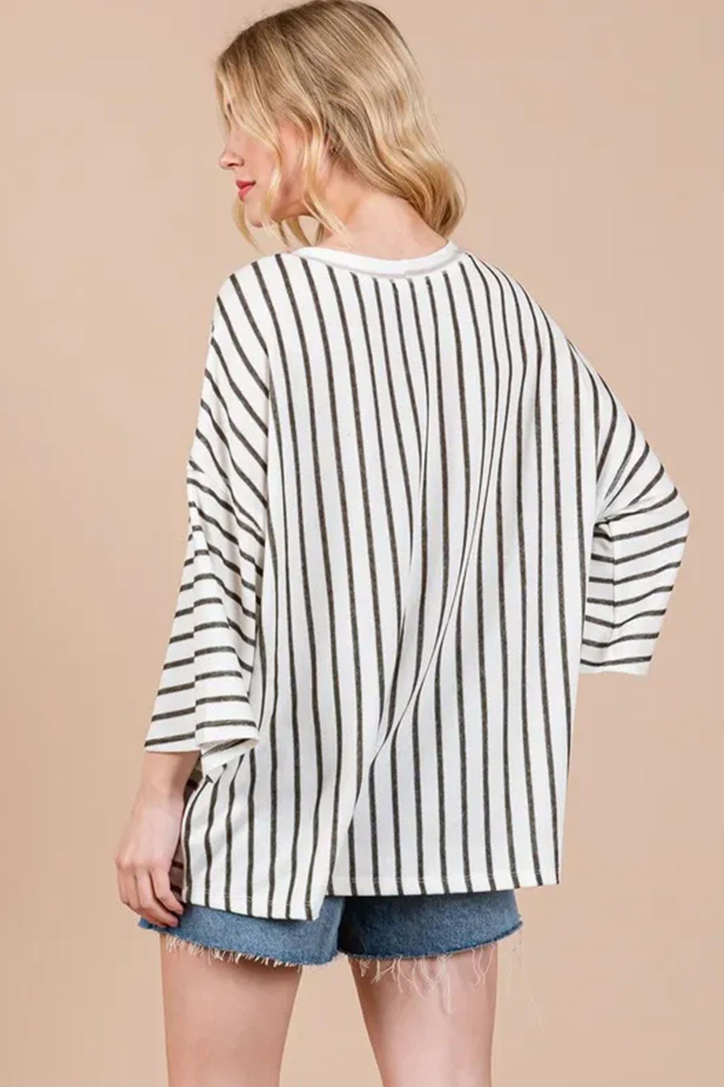Pink Stripe Colorblock 3/4 Sleeve Loose T Shirt