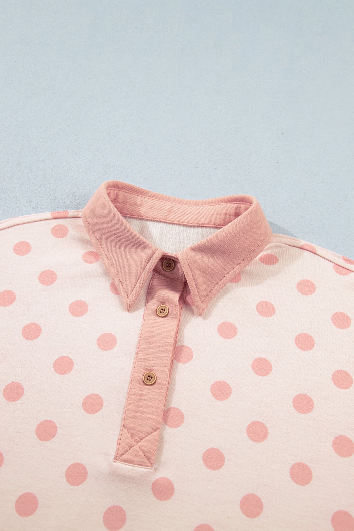 Pink Polka Dot Drop Shoulder Polo Loose Pullover Patch Pocket Casual Shorts Set