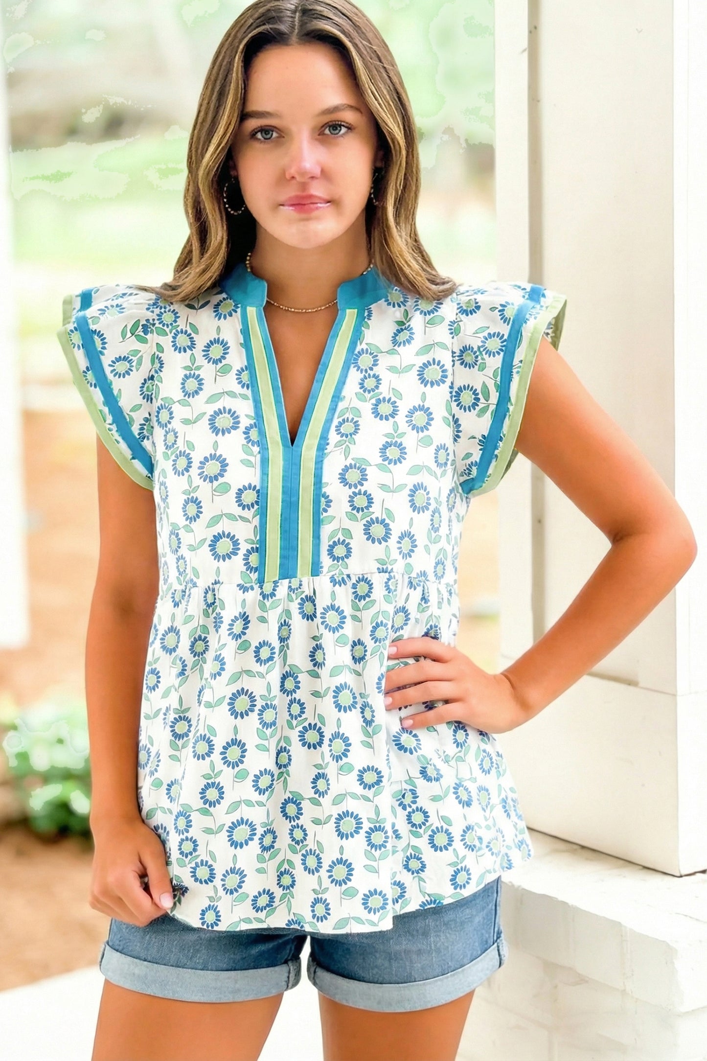 Green Sunflower Printed Contrast Trim V Neck Flutter Sleeve Blouse