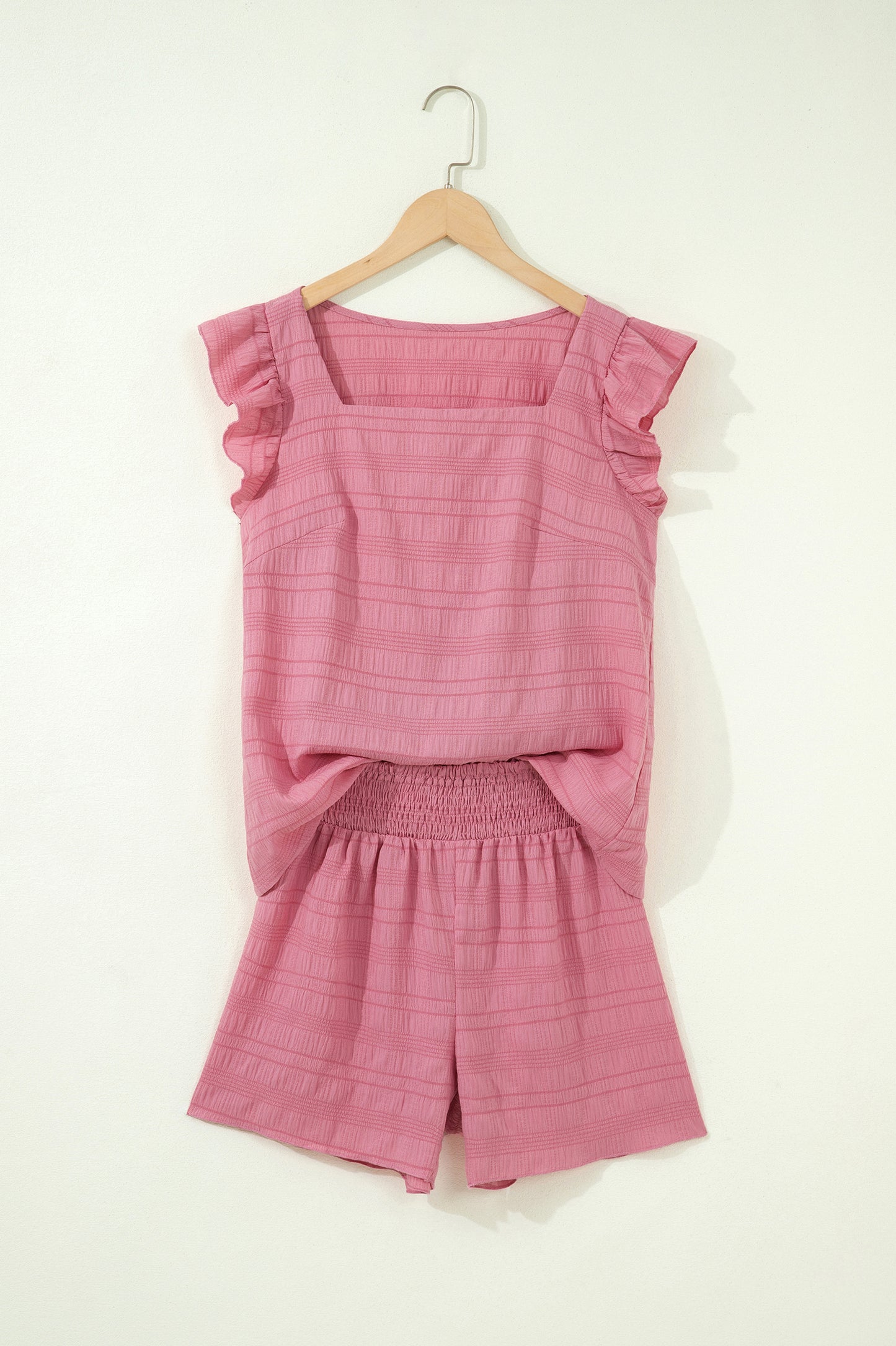 Black Textured Square Neck Top and Shirred High Waist Shorts Set